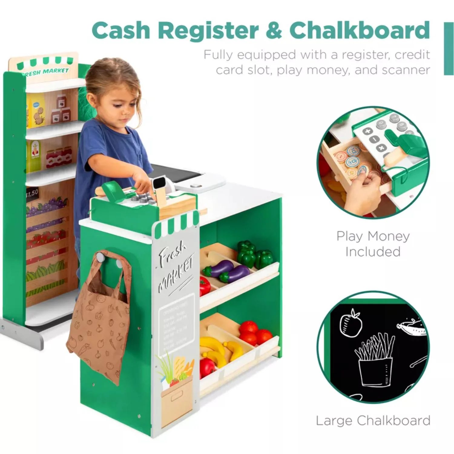 Best Choice Products 89409483 Kids Pretend Play Grocery Store Wooden Supermarket Set w/ Chalkboard Cash Register Green - Image 5