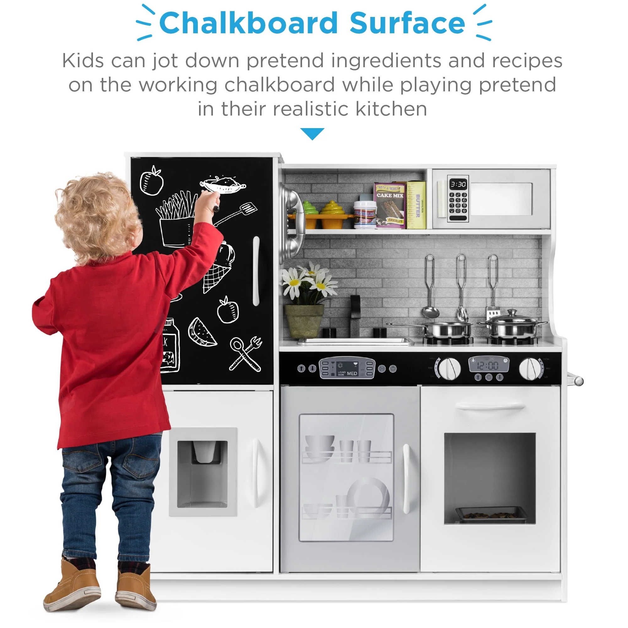 Best Choice Products Pretend Play Kitchen Wooden Toy Set for Kids with 11 Accessories, Chalkboard Surface, Ice Maker, Oven, Microwave, Natural, SKY8148 - Image 3