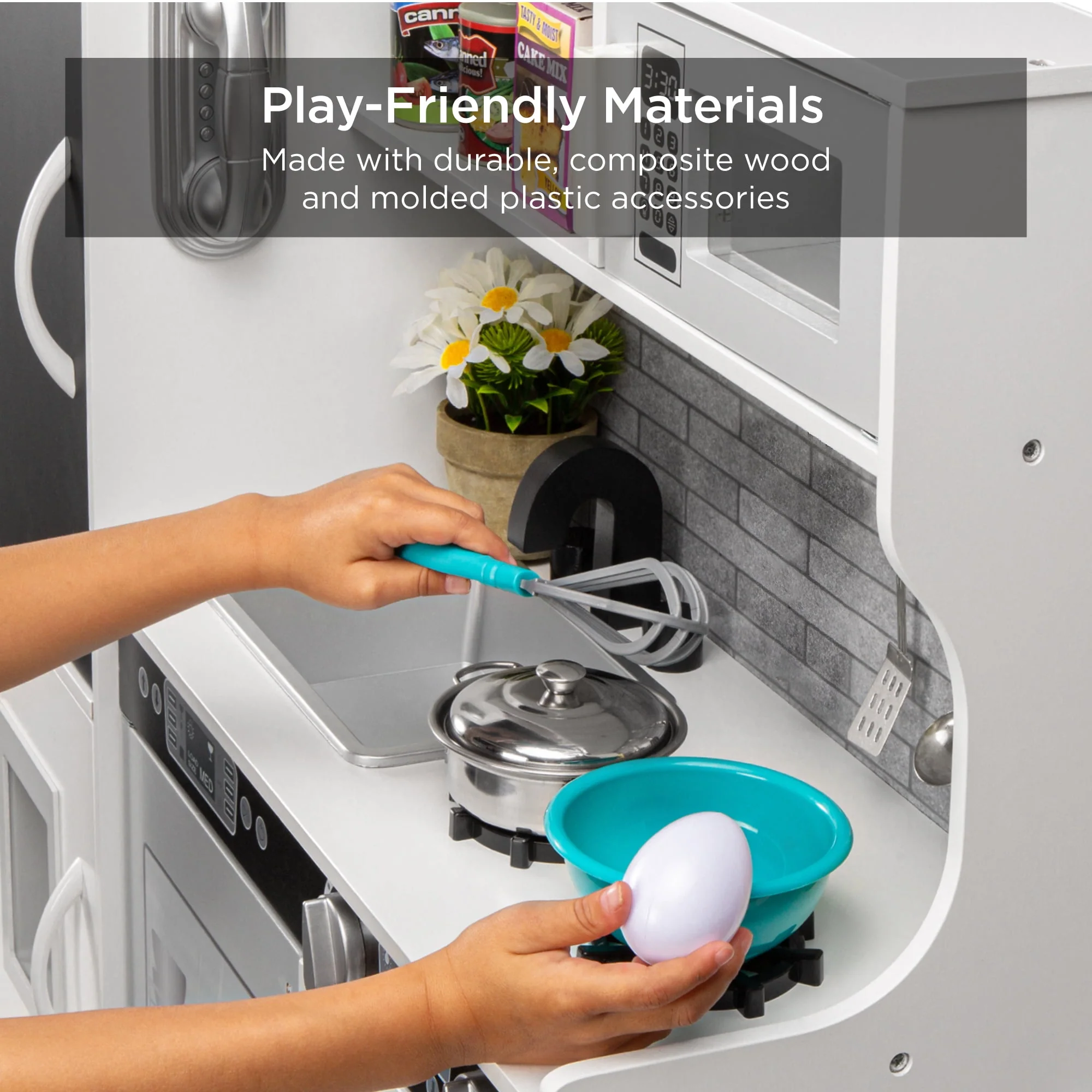 Best Choice Products Pretend Play Kitchen Wooden Toy Set for Kids with 11 Accessories, Chalkboard Surface, Ice Maker, Oven, Microwave, Natural, SKY8148 - Image 4