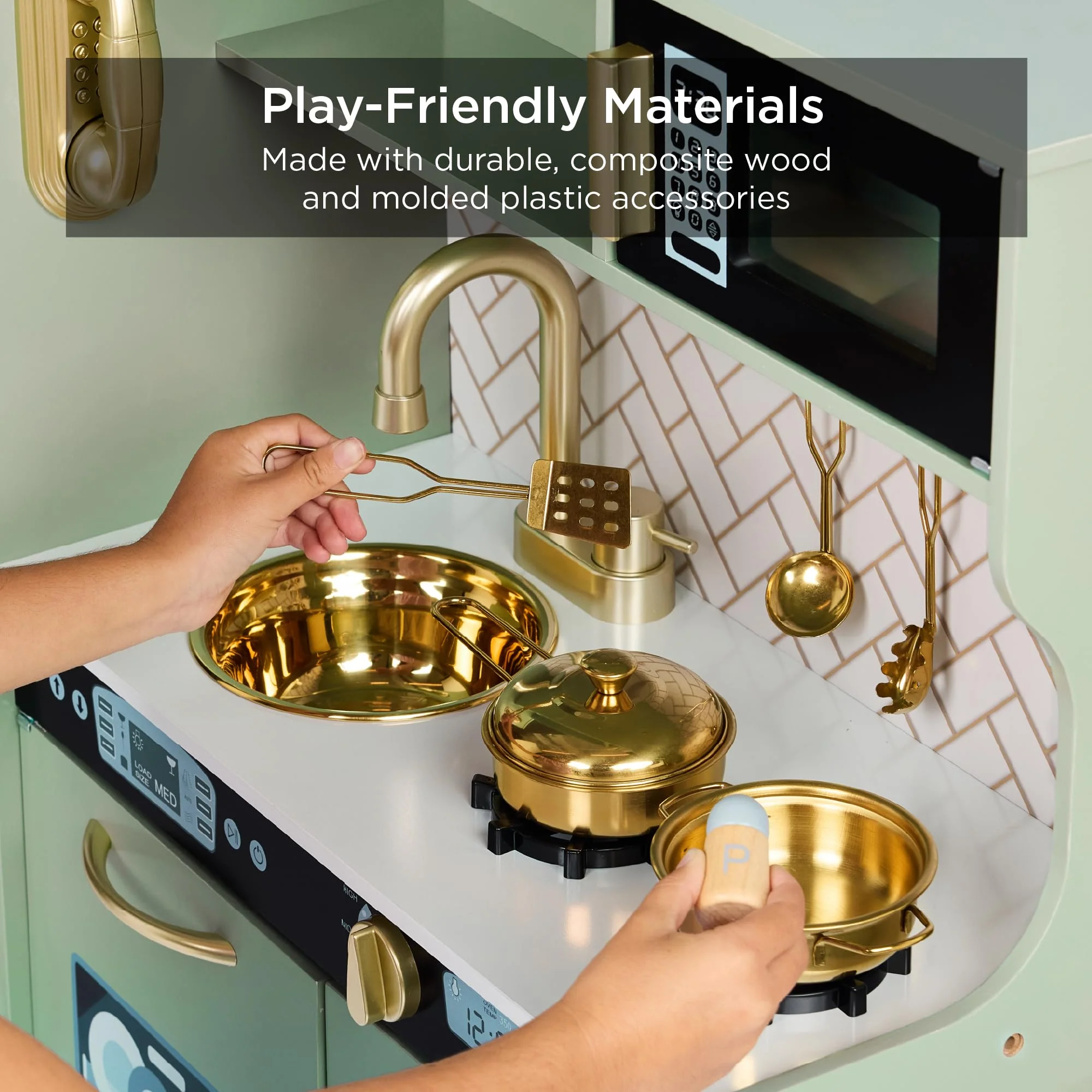 Best Choice Products Pretend Play Kitchen Wooden Toy Set with 11 Accessories, Realistic Design, Chalkboard Surface, Ice Maker, Microwave, Telephone, Sage SKY8498 - Image 2
