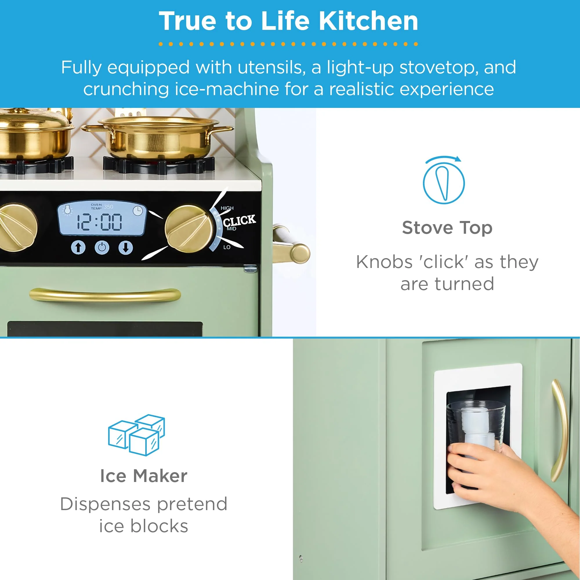 Best Choice Products Pretend Play Kitchen Wooden Toy Set with 11 Accessories, Realistic Design, Chalkboard Surface, Ice Maker, Microwave, Telephone, Sage SKY8498 - Image 4
