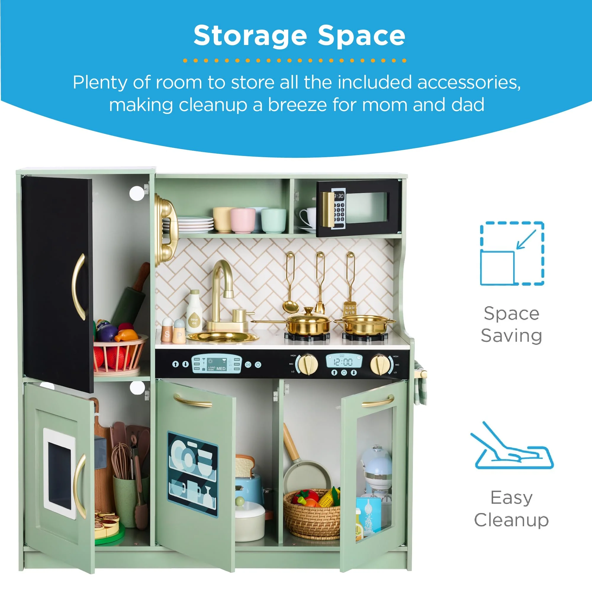 Best Choice Products Pretend Play Kitchen Wooden Toy Set with 11 Accessories, Realistic Design, Chalkboard Surface, Ice Maker, Microwave, Telephone, Sage SKY8498 - Image 5
