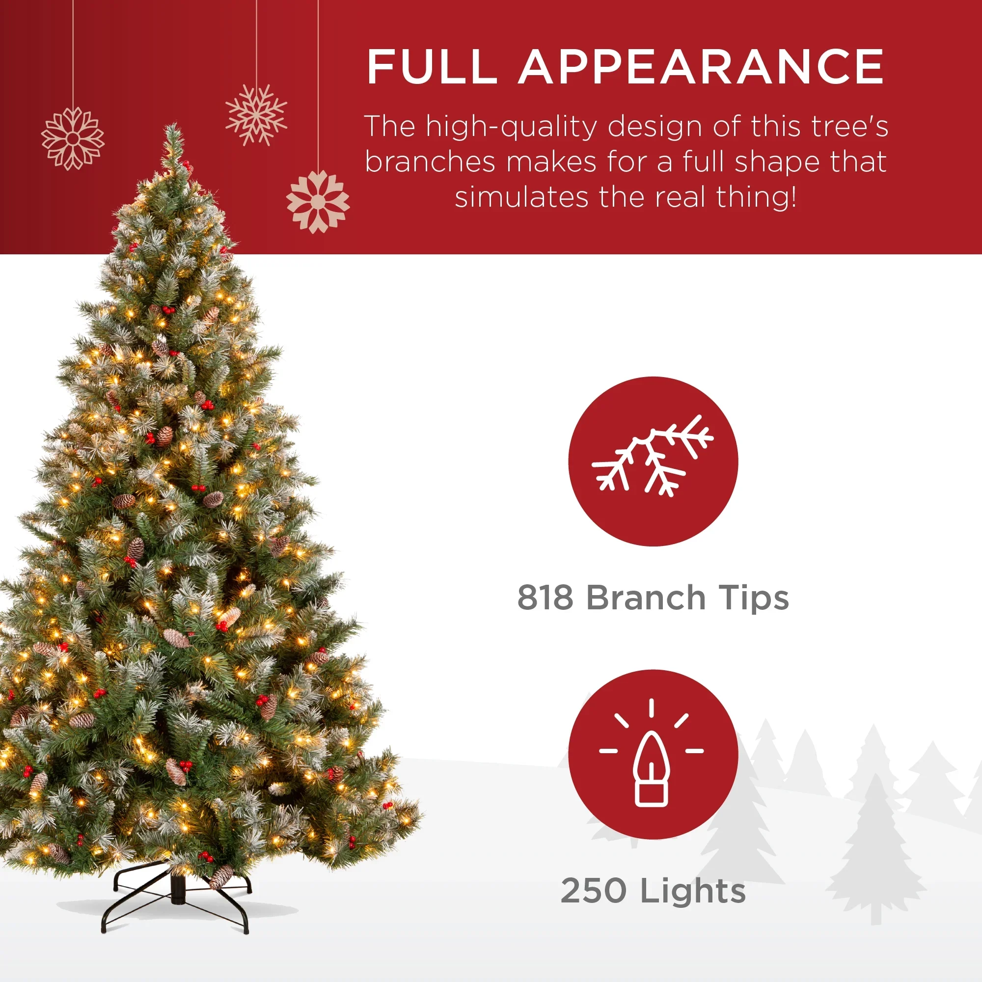 Best Choice Products SKY5880 6ft Pre-Lit Pre-Decorated Holiday Christmas Tree w/ 818 Flocked Tips, 250 Lights, Base - Image 4