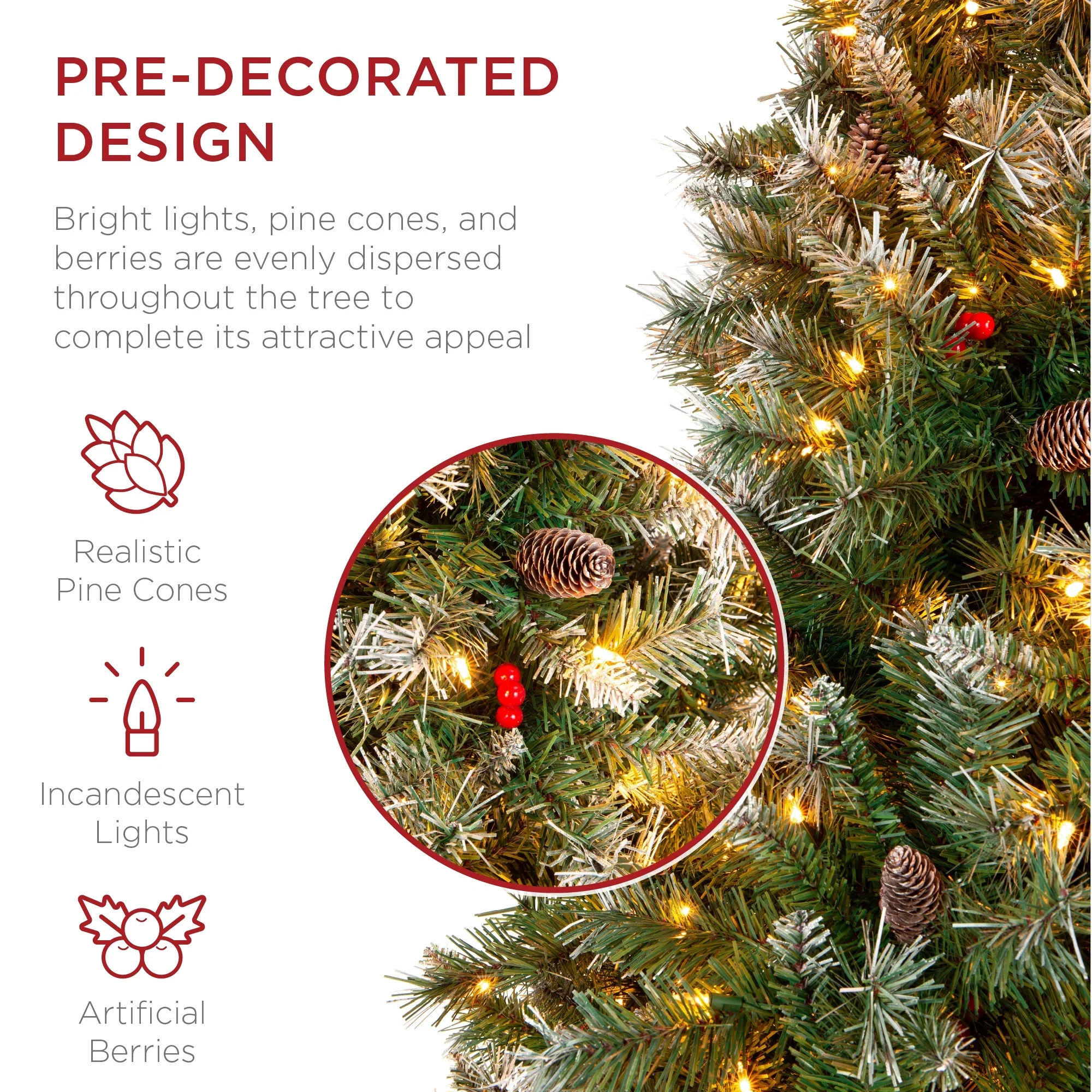 Best Choice Products SKY5880 6ft Pre-Lit Pre-Decorated Holiday Christmas Tree w/ 818 Flocked Tips, 250 Lights, Base - Image 5