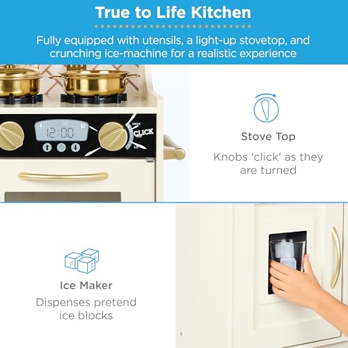 Best Choice Products SKY8149 Pretend Play Kitchen Wooden Toy Set for Kids with Telephone, Utensils, Oven, Microwave - Cream