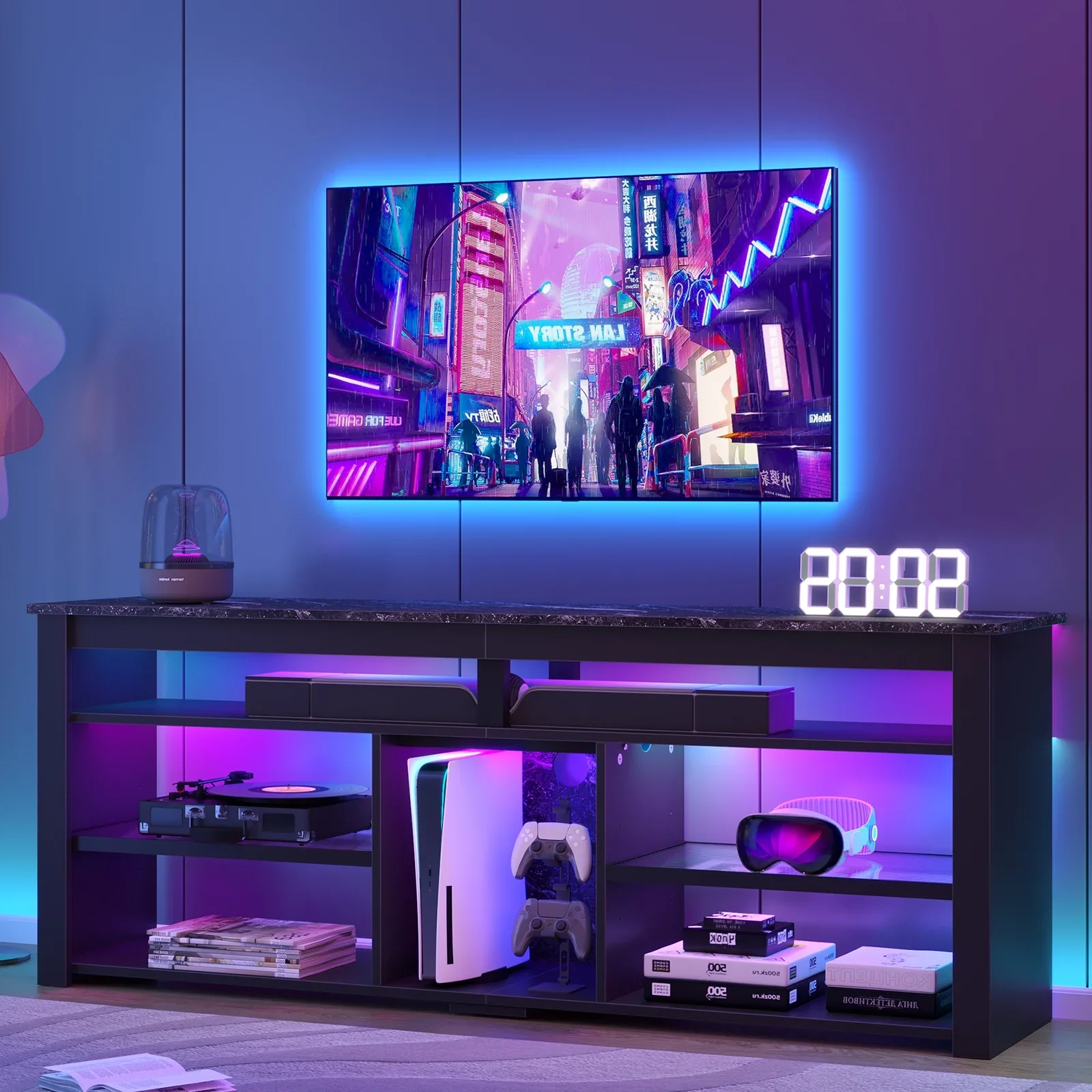 Bestier 63" Tall TV Stand with LED Lights, Black Marble
