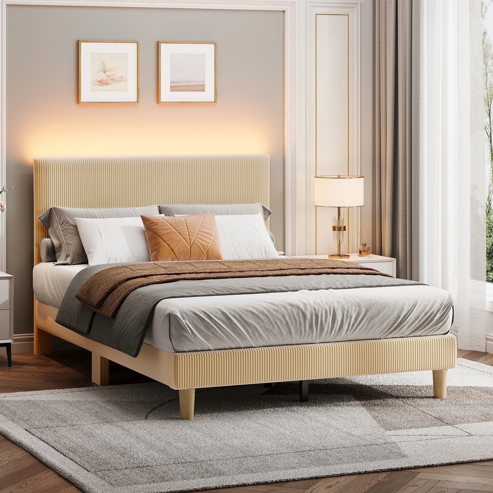 Bestier Corduroy Upholstered Full Bed Frame with Adjustable Headboard, LED Light, Solid Teak Wood Slats, Beige