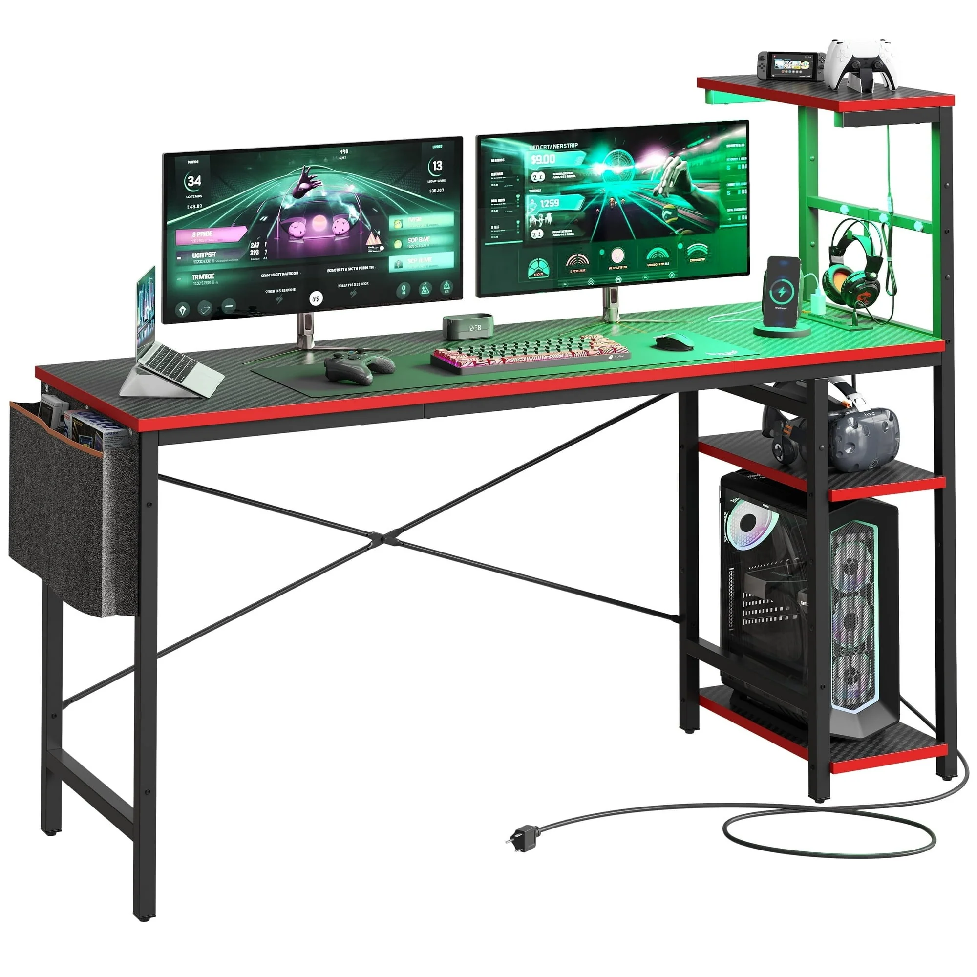 Bestier H101116GUS-BDCF 61" Reversible Gaming Computer Desk with Power Outlet LED Desk with 4 Tier Shelves, Black Carbon Fiber