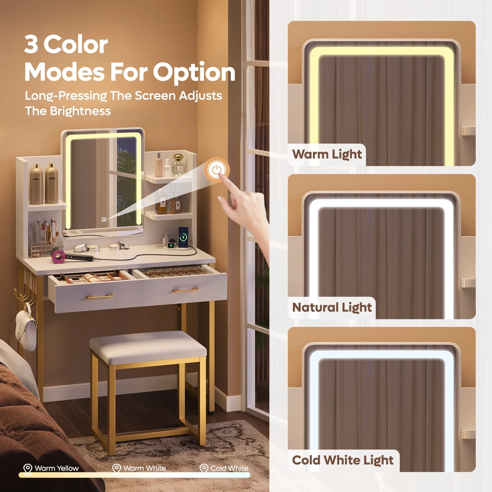 Bestier Makeup Vanity Set with Mirror and Lights, White - Image 3
