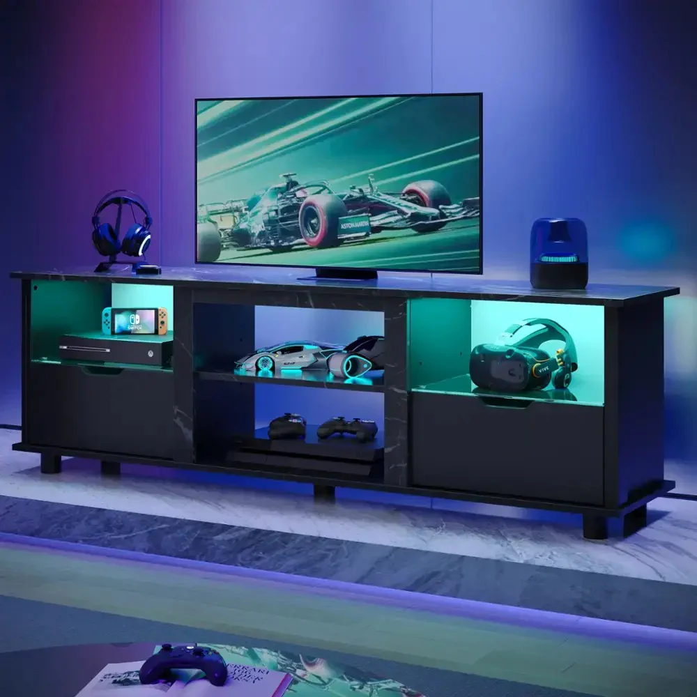Bestier USBBYCZUS-L102971K-BLKM 70'' Gaming TV Stand with Storage, LED Media Console - Black Marble - Image 4
