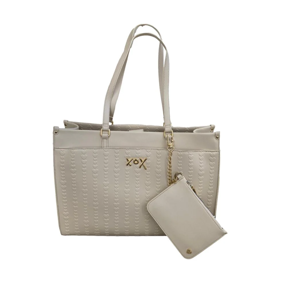 Betsey Johnson XO Janey Large Triple Entry Heart Embossed Chalk Faux Leather Tote with Detachable Zipper Pouch - Lightweight