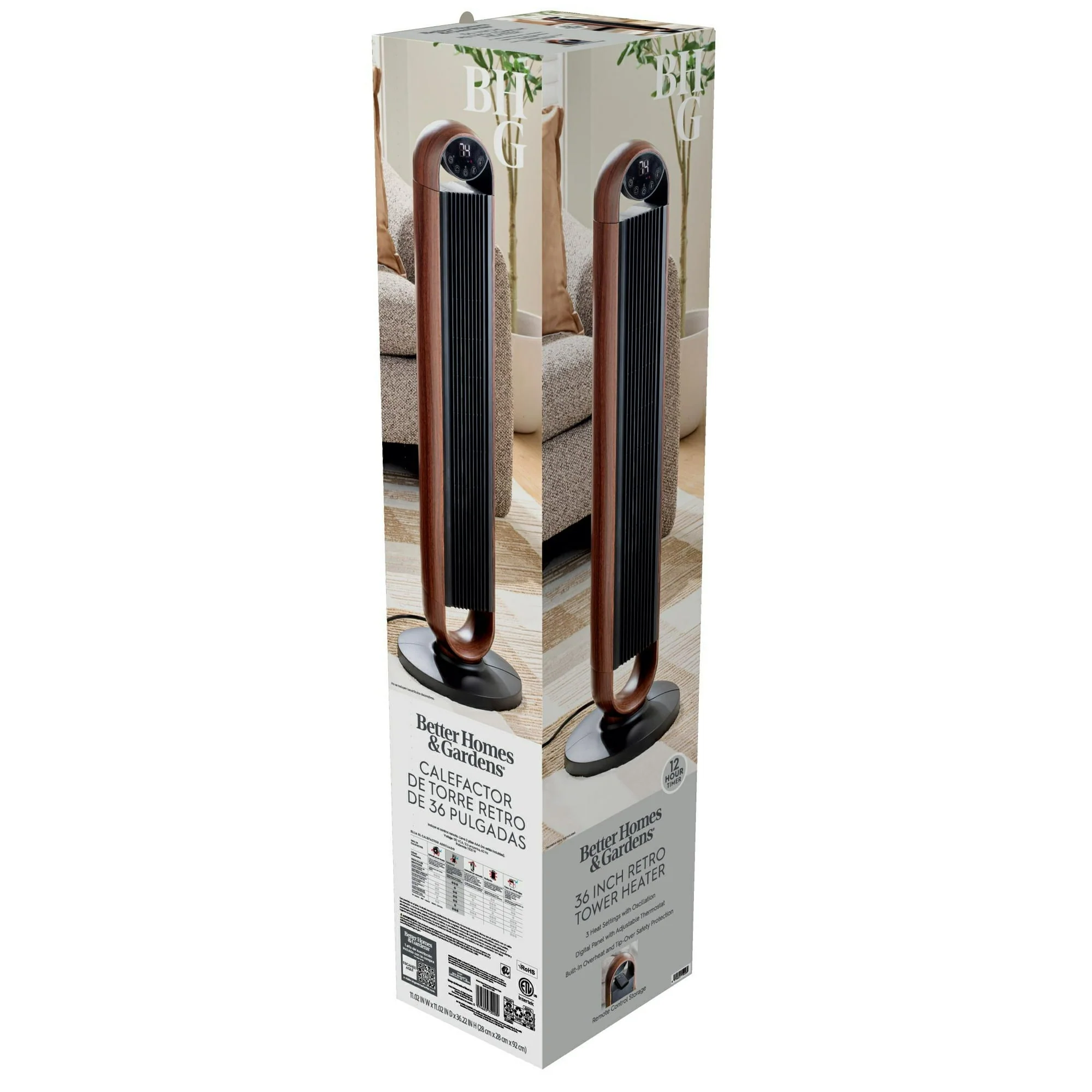 Better Homes & Gardens 36'' 3 Heat Settings Oscillating Tower Heater with Remote Control, 12H Timer, Walnut & Black - Image 3