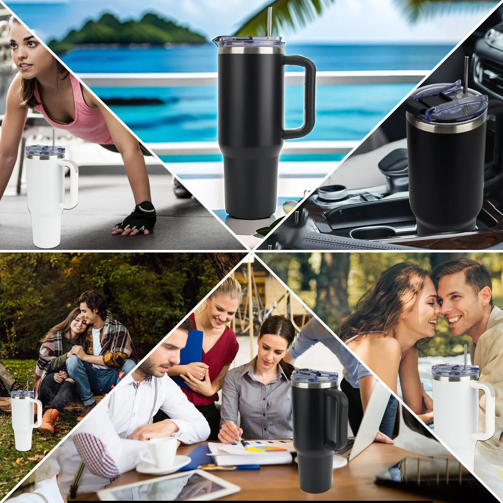 Binsuca 40 oz Travel Mug with Handle, Straw Lid, Double Wall Vacuum Insulated Stainless Steel, Leopard Print Black and White - Image 5