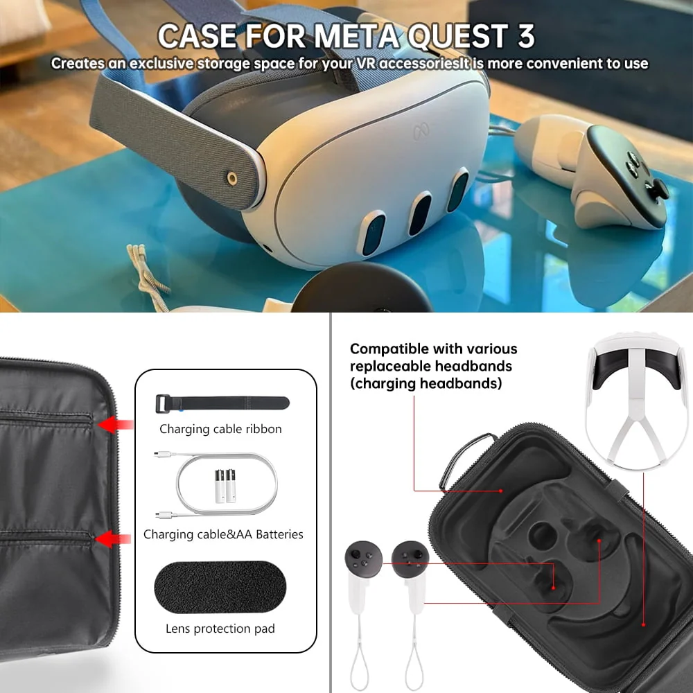 Binsuca Hard Carrying Case for Oculus Quest 3 Accessories, Clear Shock-Resistant Shell with Pre-Cut Tray, PU Hand Strap - Image 6