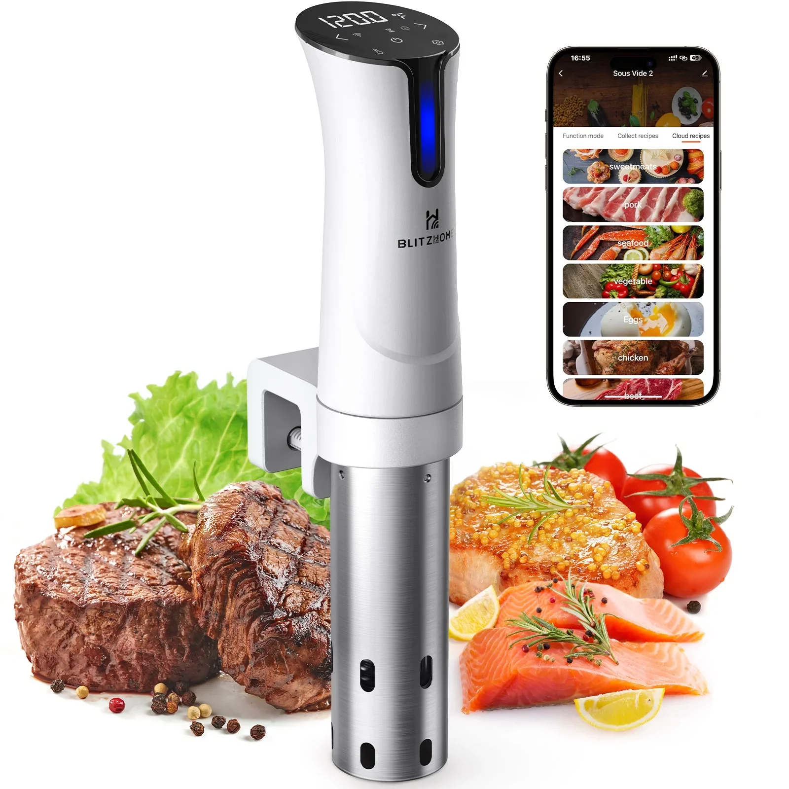 BLITZHOME SV2209 1100W WIFI Sous Vide Cooker,Precision Sous Vide Machine,Ultra-quiet Fast-Heating Immersion Circulator Temperature and Digital Display, Model 1 - Wifi-White