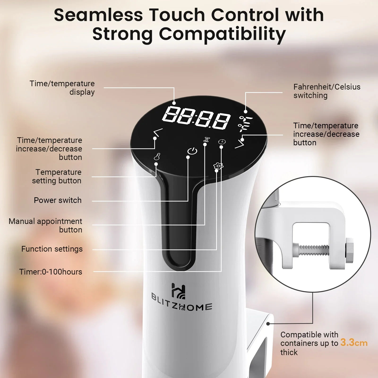 BLITZHOME SV2209 1100W WIFI Sous Vide Cooker,Precision Sous Vide Machine,Ultra-quiet Fast-Heating Immersion Circulator Temperature and Digital Display, Model 1 - Wifi-White - Image 3