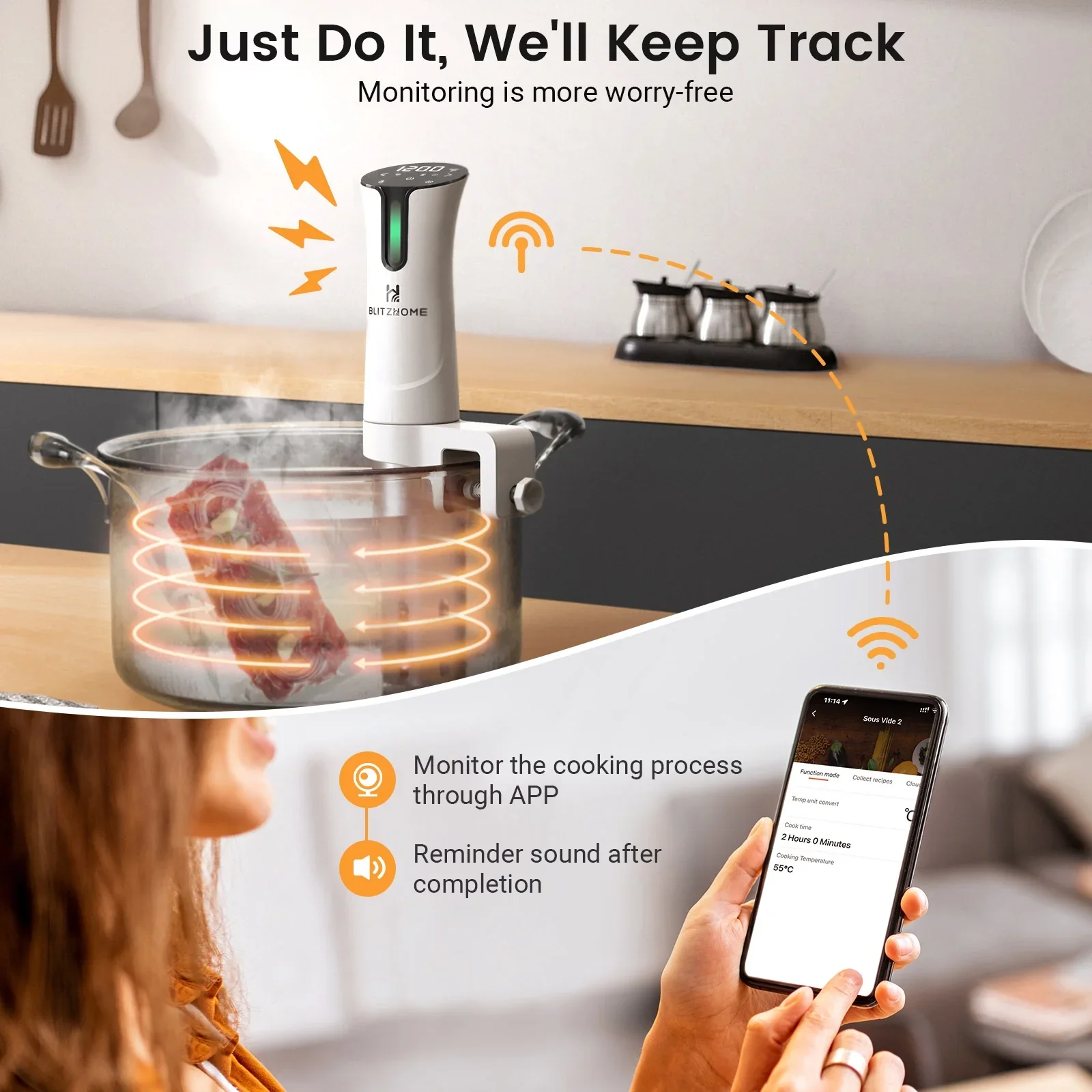 BLITZHOME SV2209 1100W WIFI Sous Vide Cooker,Precision Sous Vide Machine,Ultra-quiet Fast-Heating Immersion Circulator Temperature and Digital Display, Model 1 - Wifi-White - Image 5