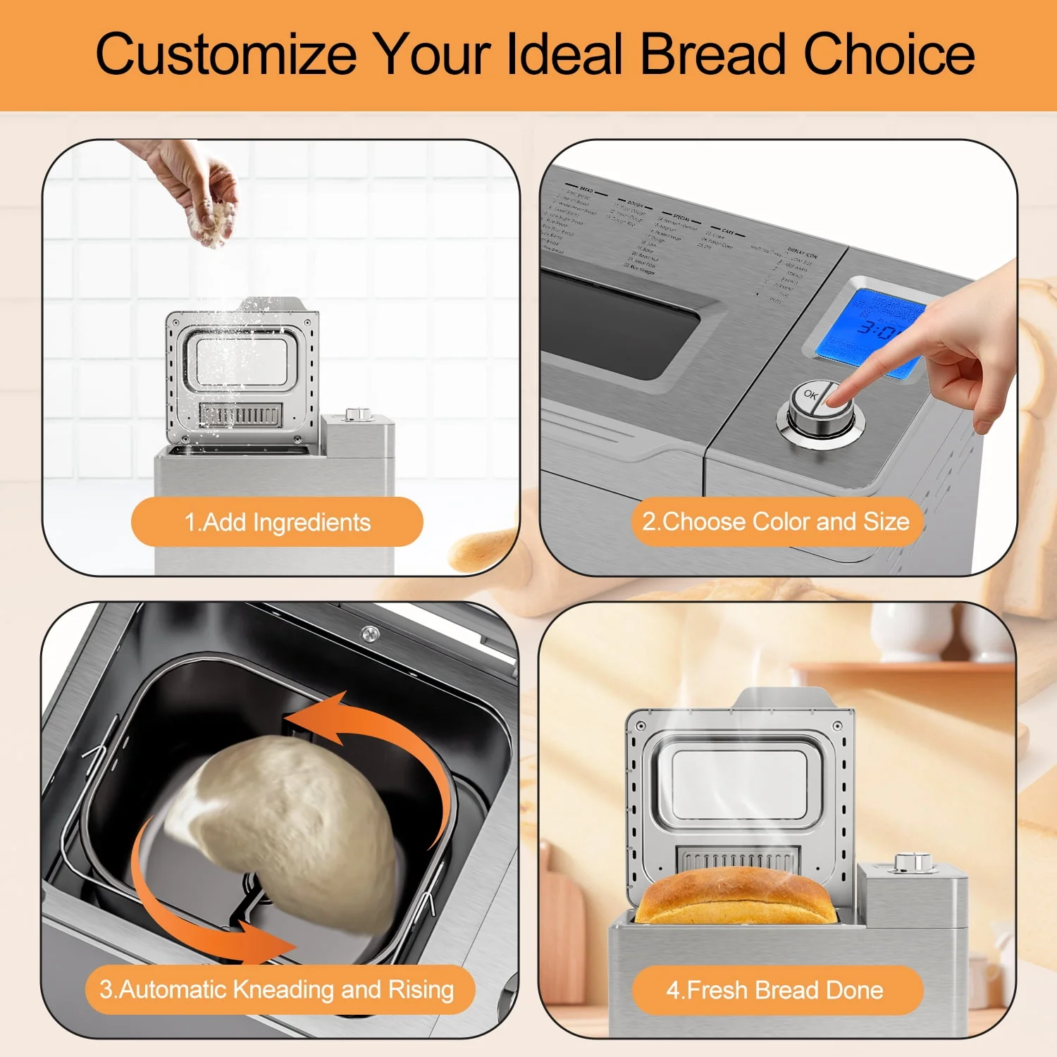 Bluebow 25-in-1 2LB Bread Machine with Auto Fruit/Nut Dispenser, Stainless Steel - Image 5