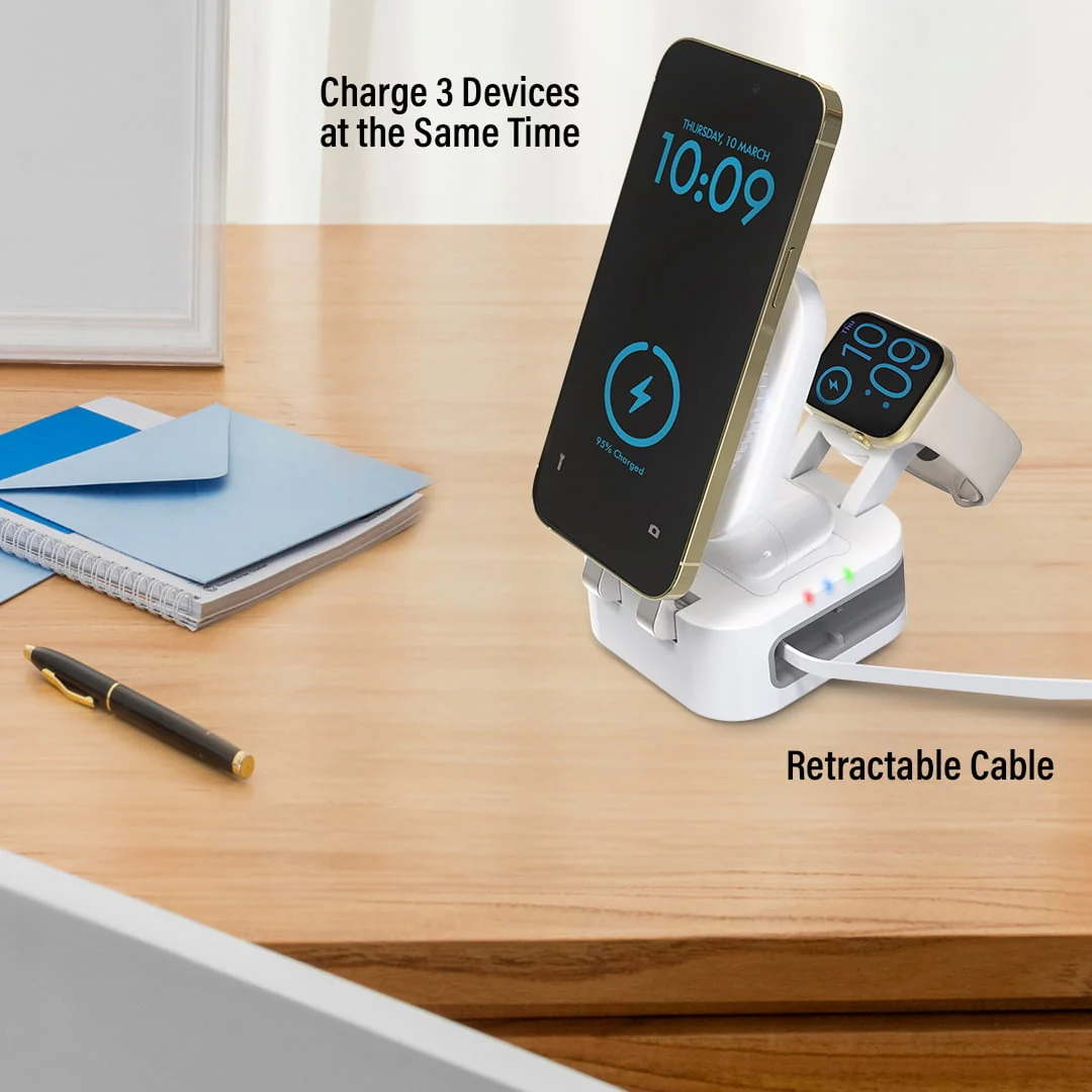 Bluestone 3-in-1 Retractable Magcharge Charging Station, Wireless, Qi2 Certified, Includes 20W PD Adapter and Type-C Cable, White - Image 3