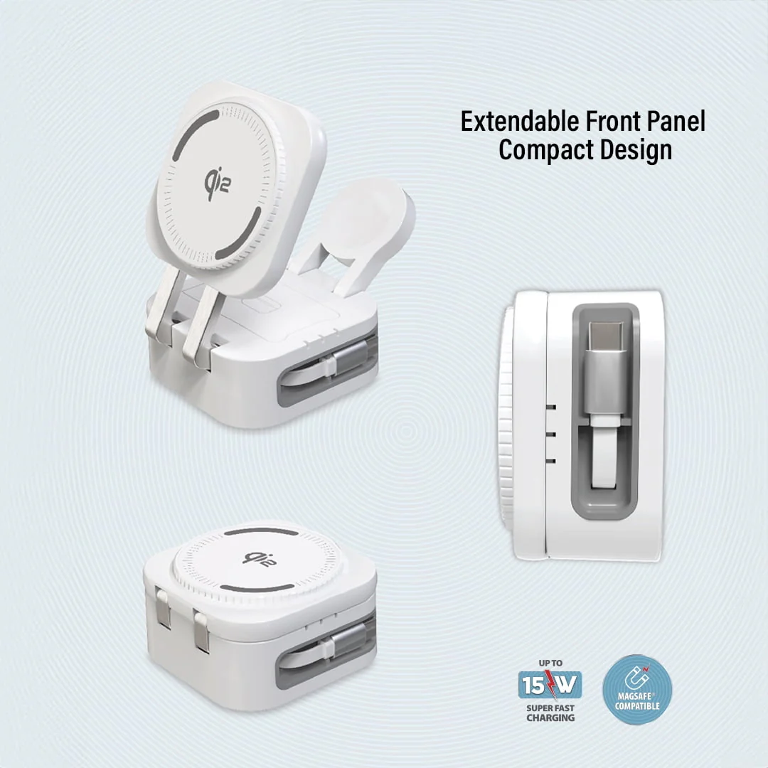 Bluestone 3-in-1 Retractable Magcharge Charging Station, Wireless, Qi2 Certified, Includes 20W PD Adapter and Type-C Cable, White - Image 4