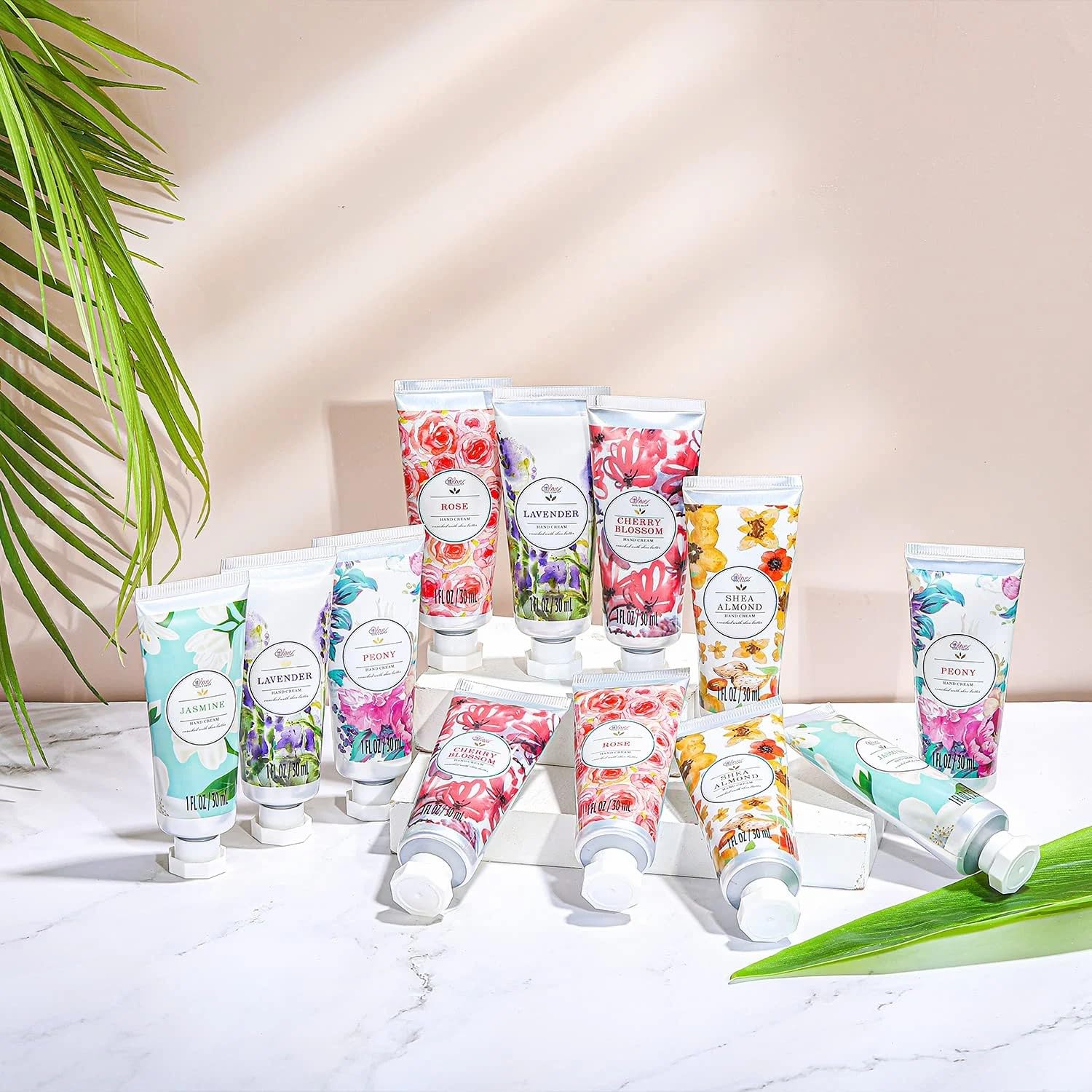 Body & Earth Hand Cream Gift Set, 12 Travel-Sized Shea Butter Lotion Tubes, Six Floral Scents, Green Tin Box - Image 7