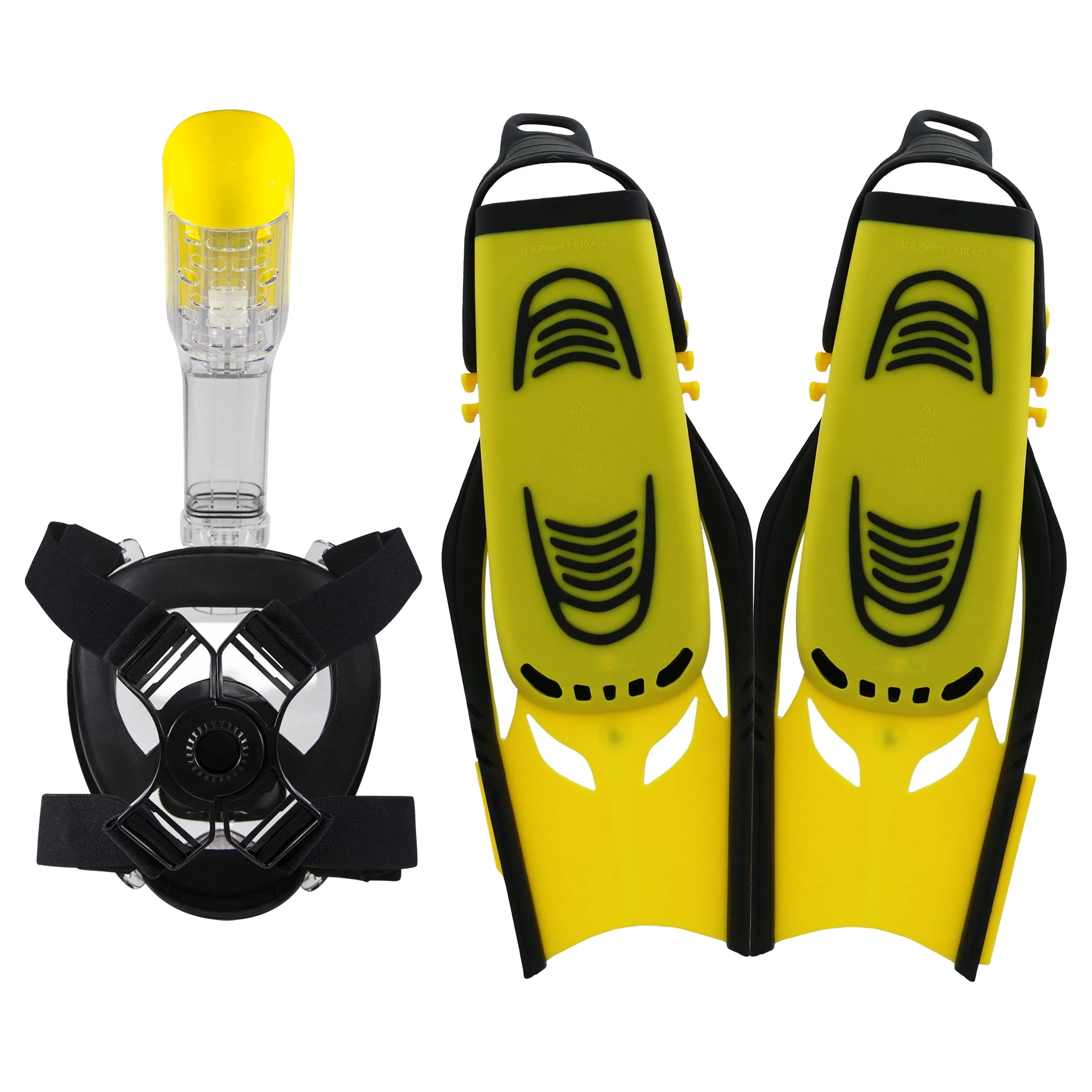 Body Glove BG22050SET-S/M-BLKYLW Aire Full Face Snorkel and Fins Set for Adults, Anti-Fo, S/M, Black/Yellow - Image 2