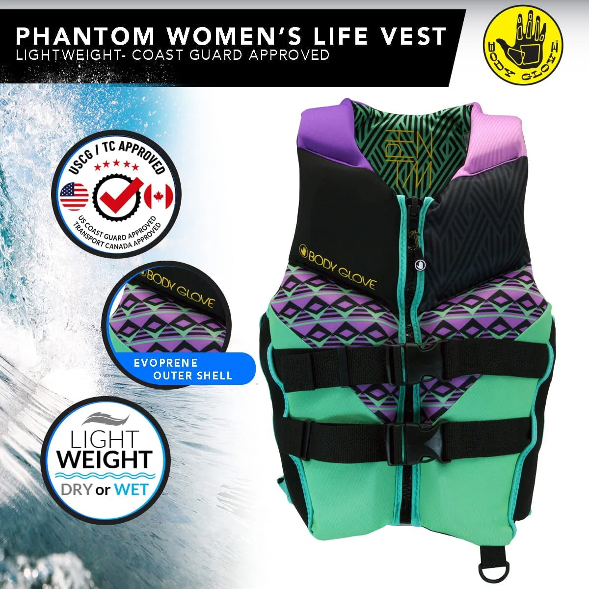 Body Glove Phantom Womens Life Jacket, Durable Yamamoto Neoprene, Beveled Soft PVC Foam, Aqua/Purple, Medium - Image 2