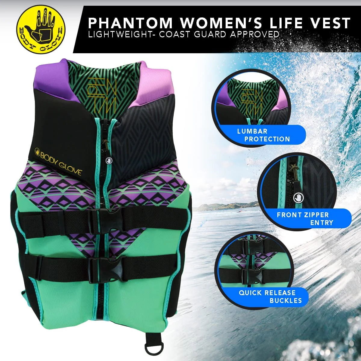 Body Glove Phantom Womens Life Jacket, Durable Yamamoto Neoprene, Beveled Soft PVC Foam, Aqua/Purple, Medium - Image 3
