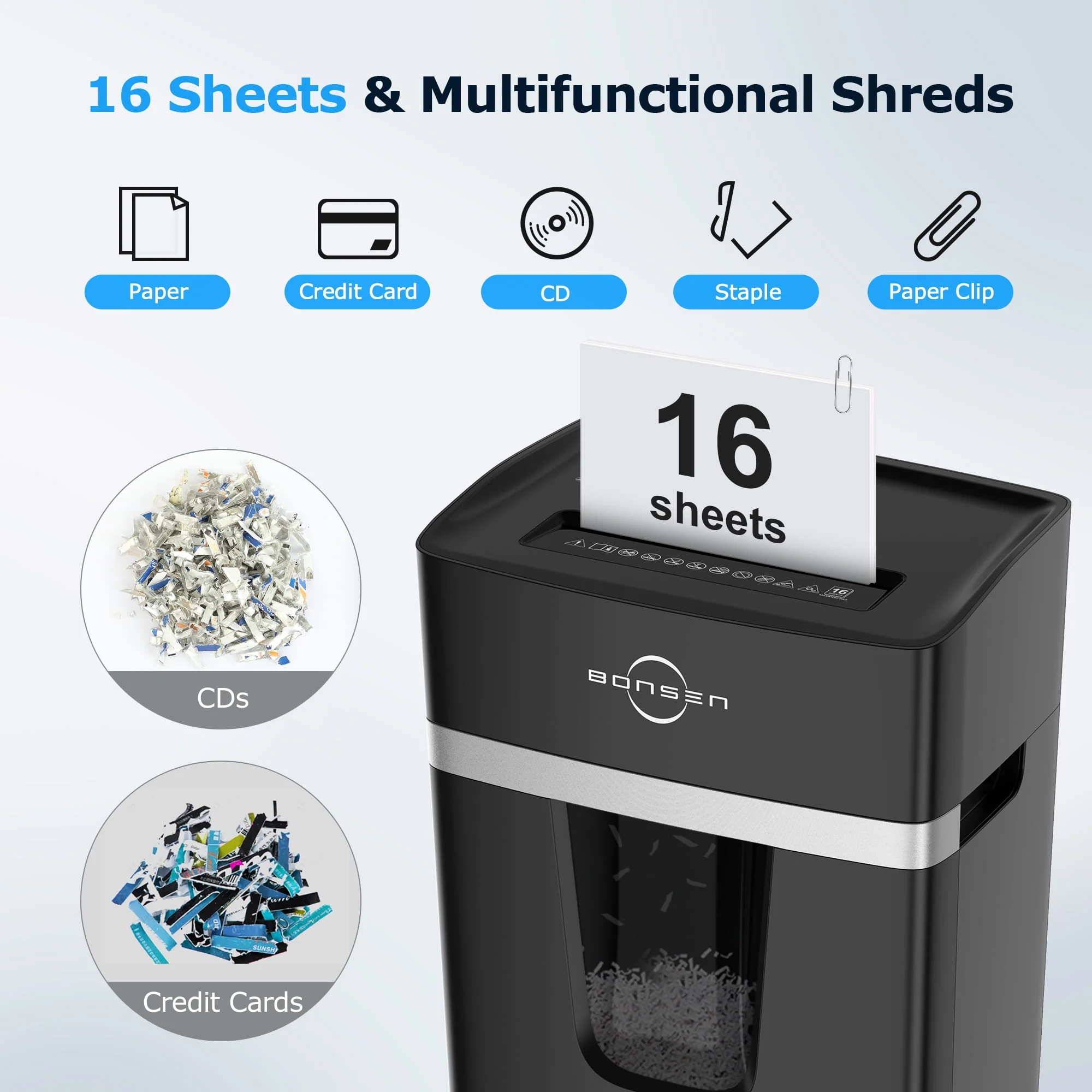 BONSEN WM-US-S3116-BLK-V2 16-Sheet Cross Cut Paper Shredder, P-4 Security, 5.3 Gal Pull-Out Bin, Black - Image 7