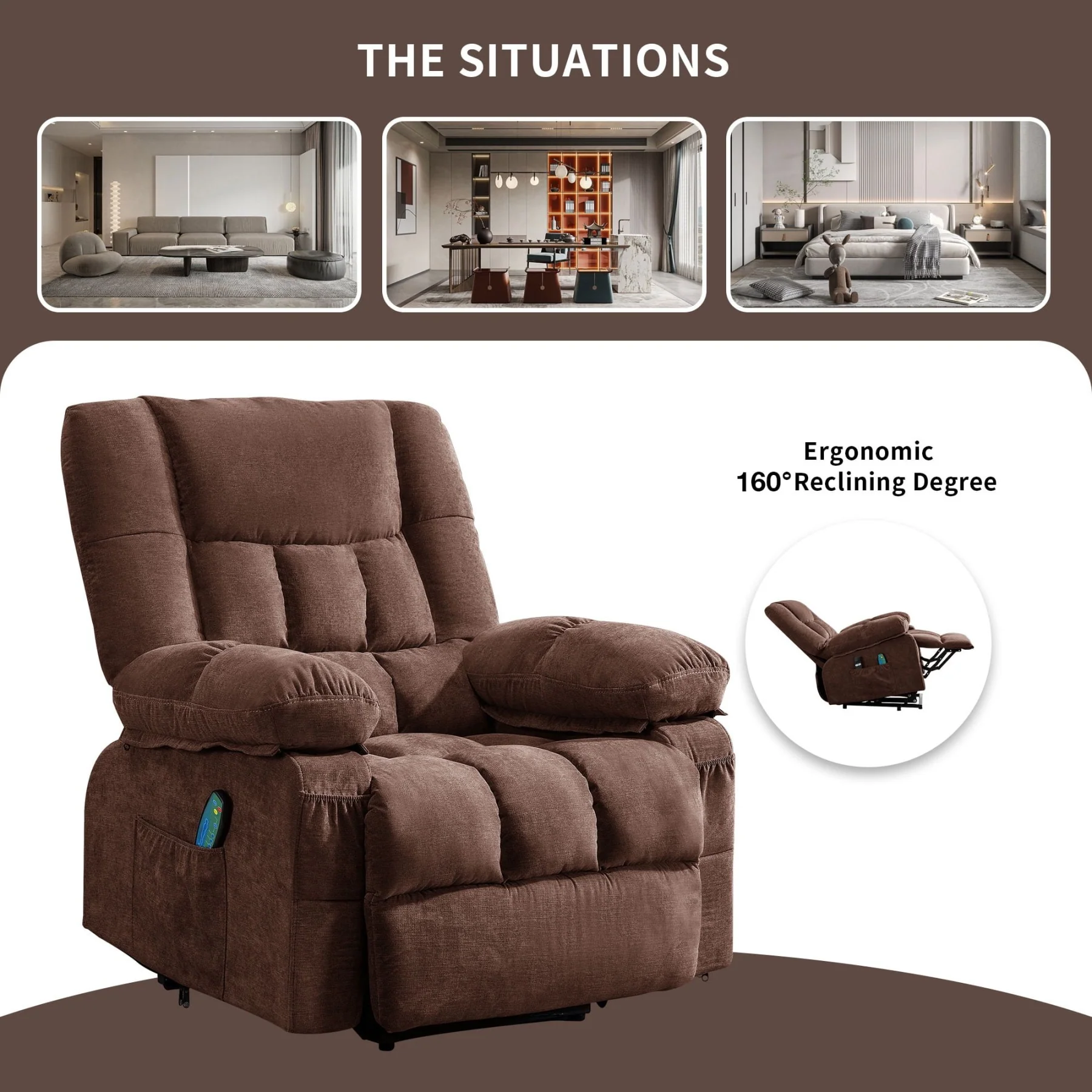 Bosmiller WL-1124 Power Lift Recliner Chair Recliners for Elderly with Heat and Massage Recliner Chair, Brown - Image 2