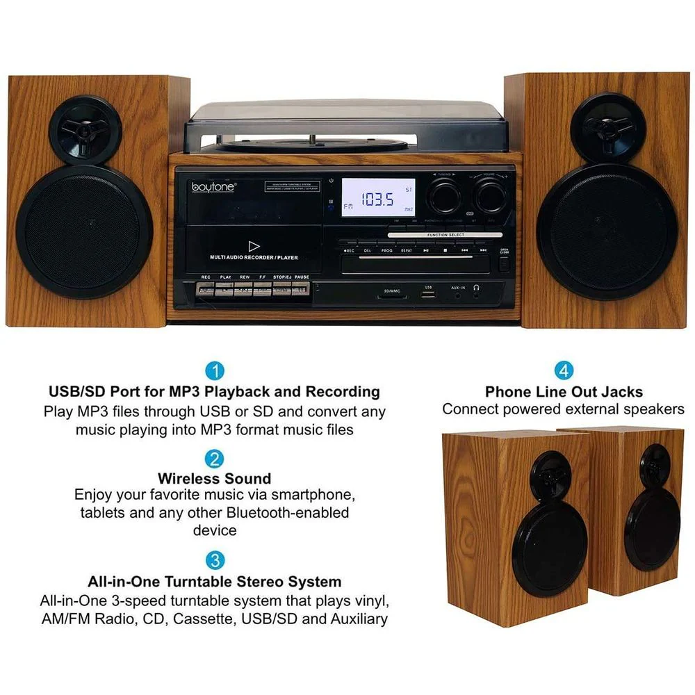 Boytone BT-28SPW Bluetooth Classic Style Record Player Turntable with AM/FM Radio, CD Cassette Player, 2 Separate Stereo Speakers, Walnut - Image 3