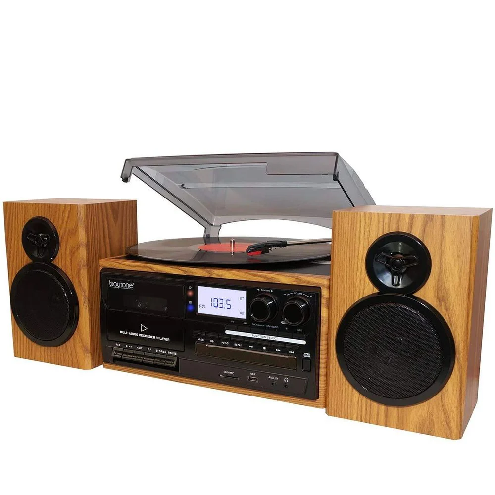 Boytone BT-28SPW Bluetooth Classic Style Record Player Turntable with AM/FM Radio, CD Cassette Player, 2 Separate Stereo Speakers, Walnut - Image 7