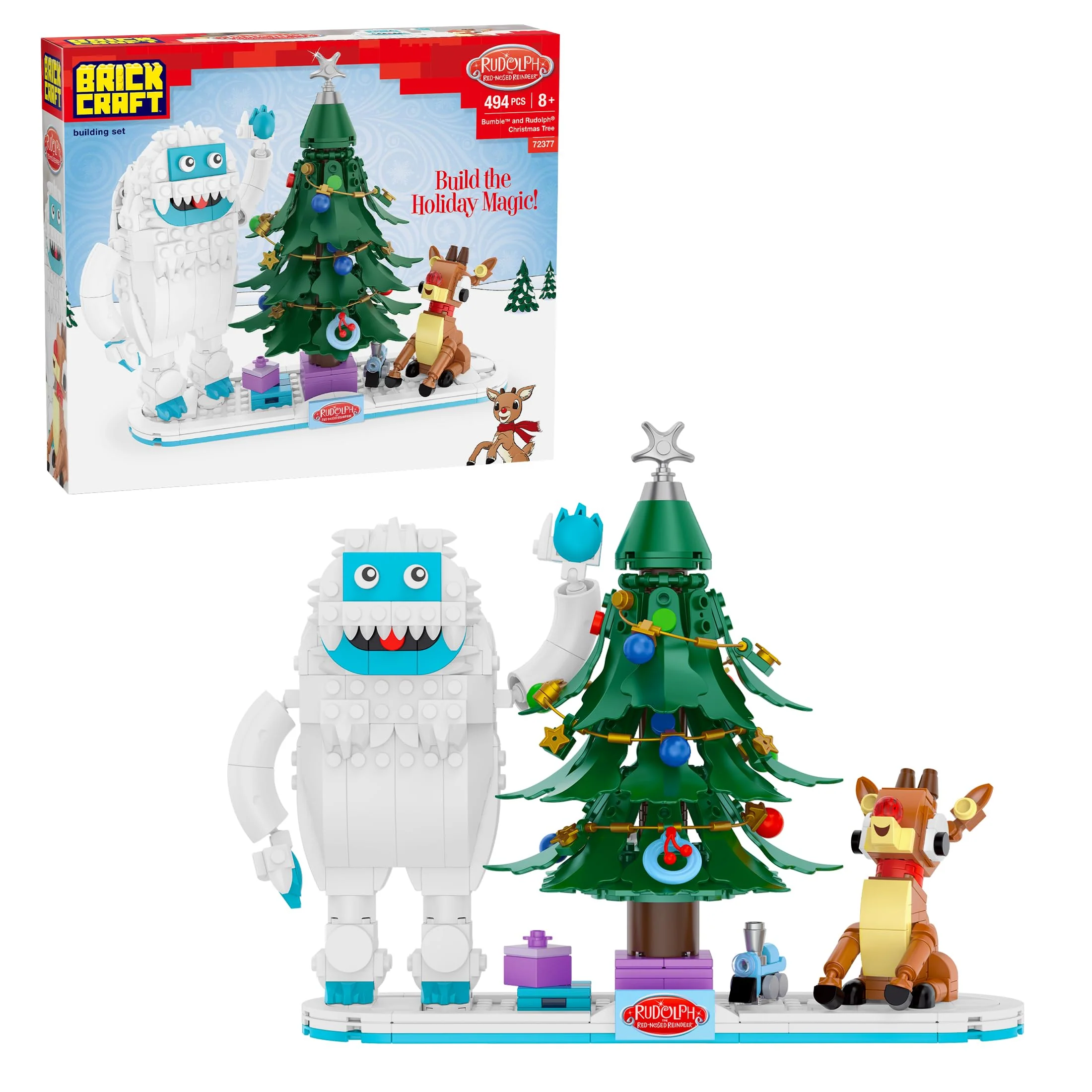 Brickcraft Rudolph The Red-Nosed Reindeer Bumble and Rudolph Christmas Tree Building Bricks Set, 494 Pieces, Holiday Collectible Display