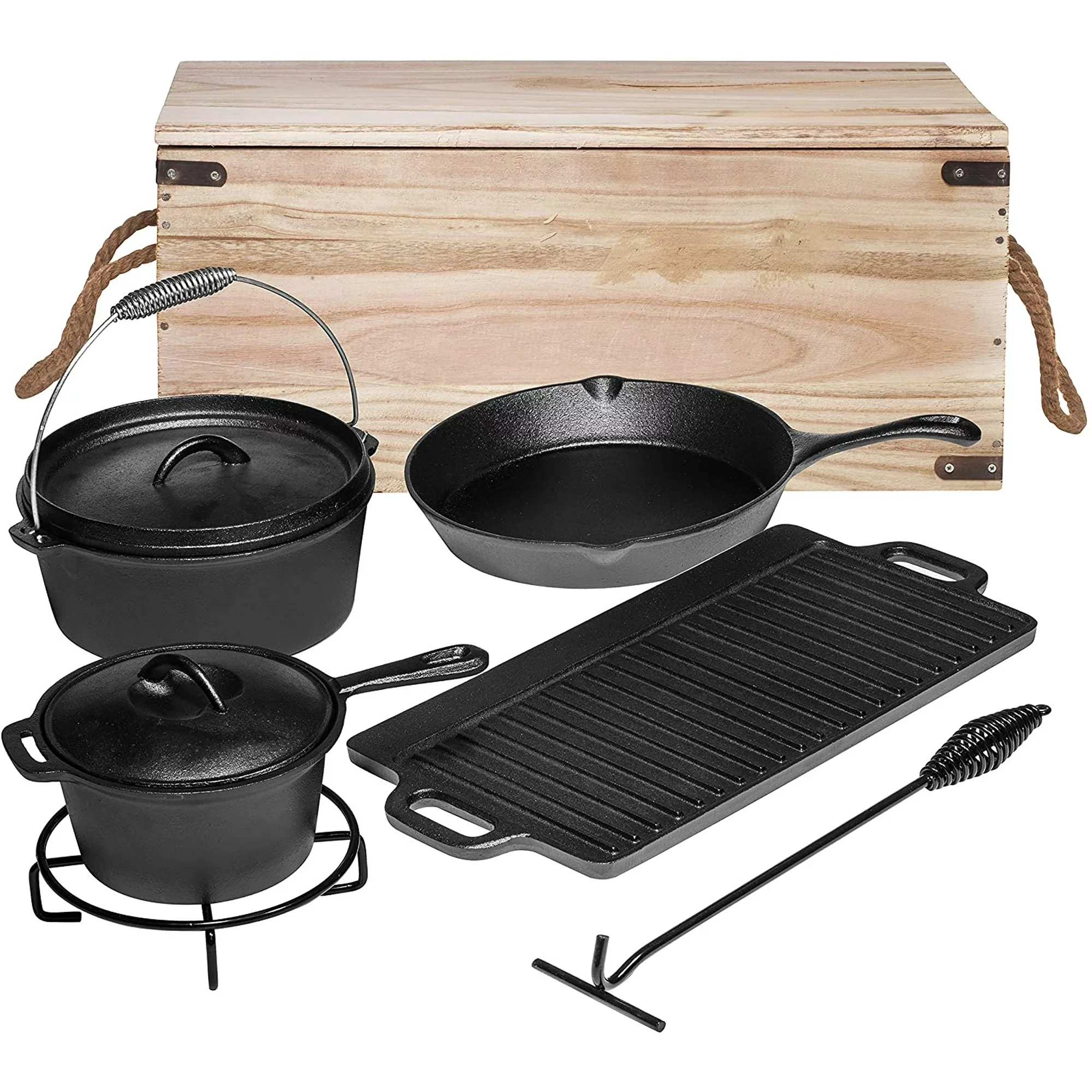 Bruntmor BR2493 Pre-Seasoned 7 Piece Heavy Duty Cast Iron Dutch Oven Camping Cooking Set with Vintage Carrying Storage Box