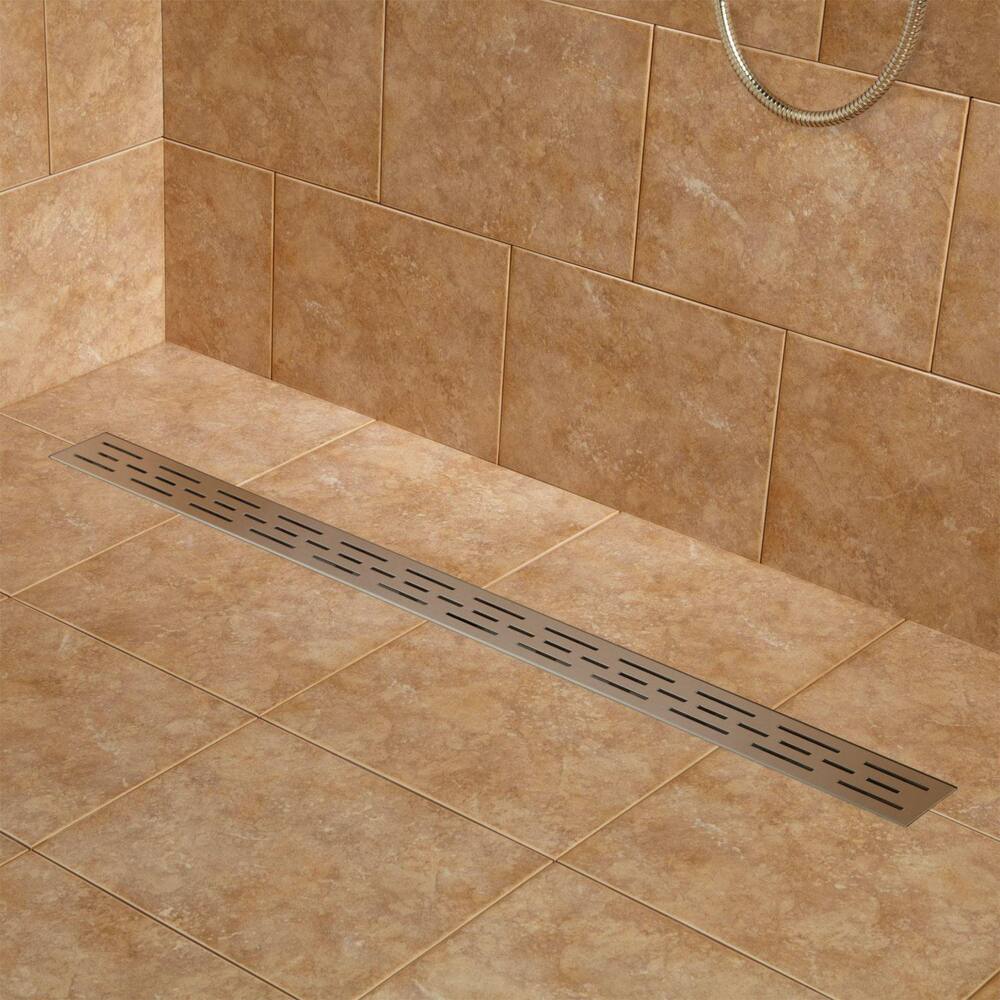 Brushed Stainless Steel Rectangular Shower Drain, Removal Tool and Filter, CUPC & UPS Approved - 40" x 3.35" x 2.91" with 2" diameter vertical drain pipe - G01 Pattern