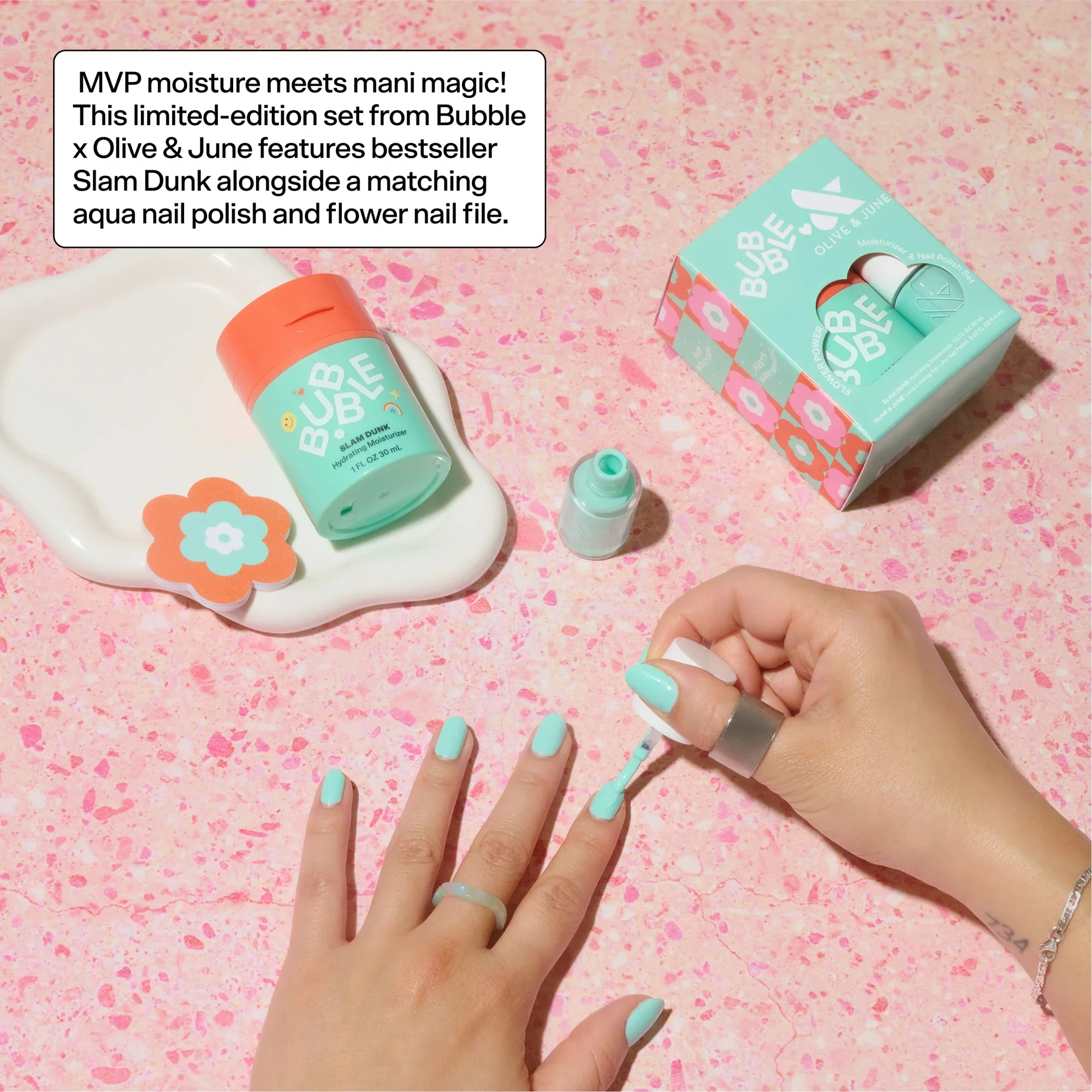 Bubble Skincare Flower Power Slam Dunk Hydrating Moisturizer and Nail Polish 3-Piece Set with Olive & June Long-Lasting Nail Polish and Flower Nail File - Image 2