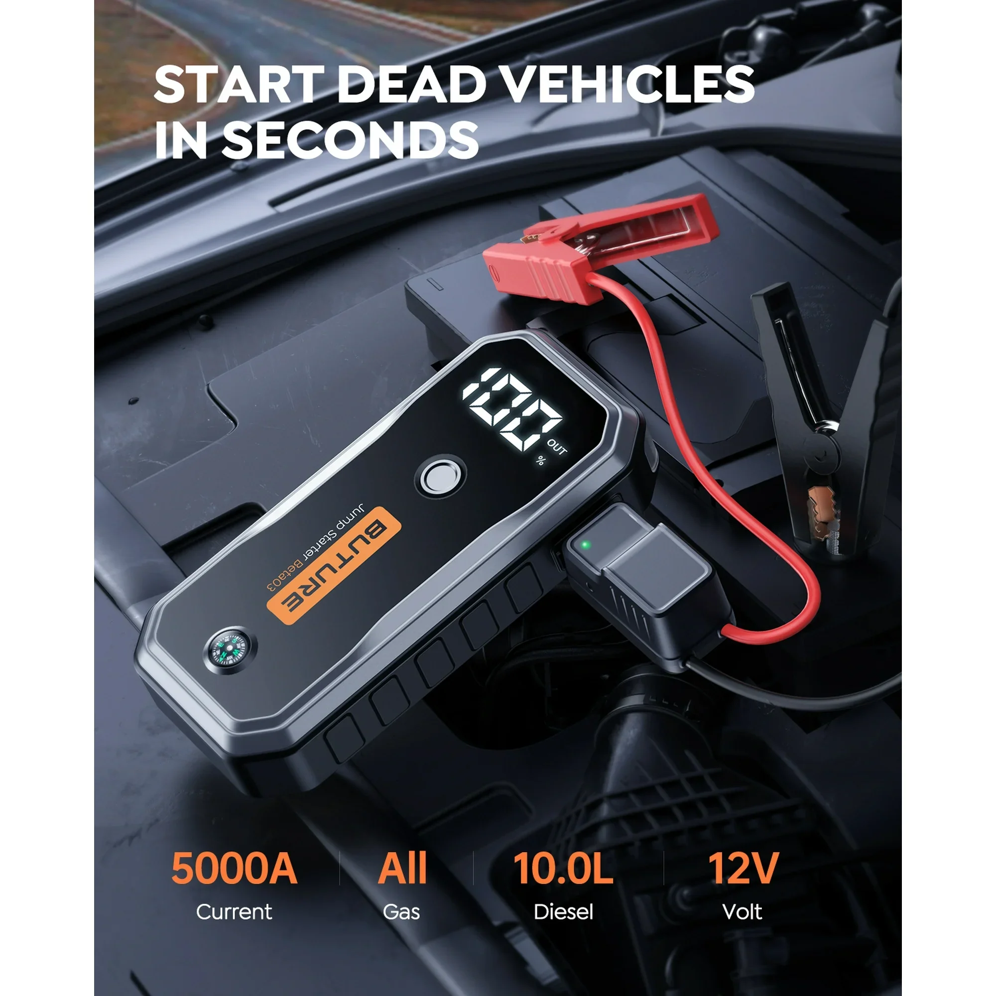 BUTURE 5000A High Safety Portable Car Jump Starter, 26800mAh, 12V, Waterproof, Shockproof - Image 3