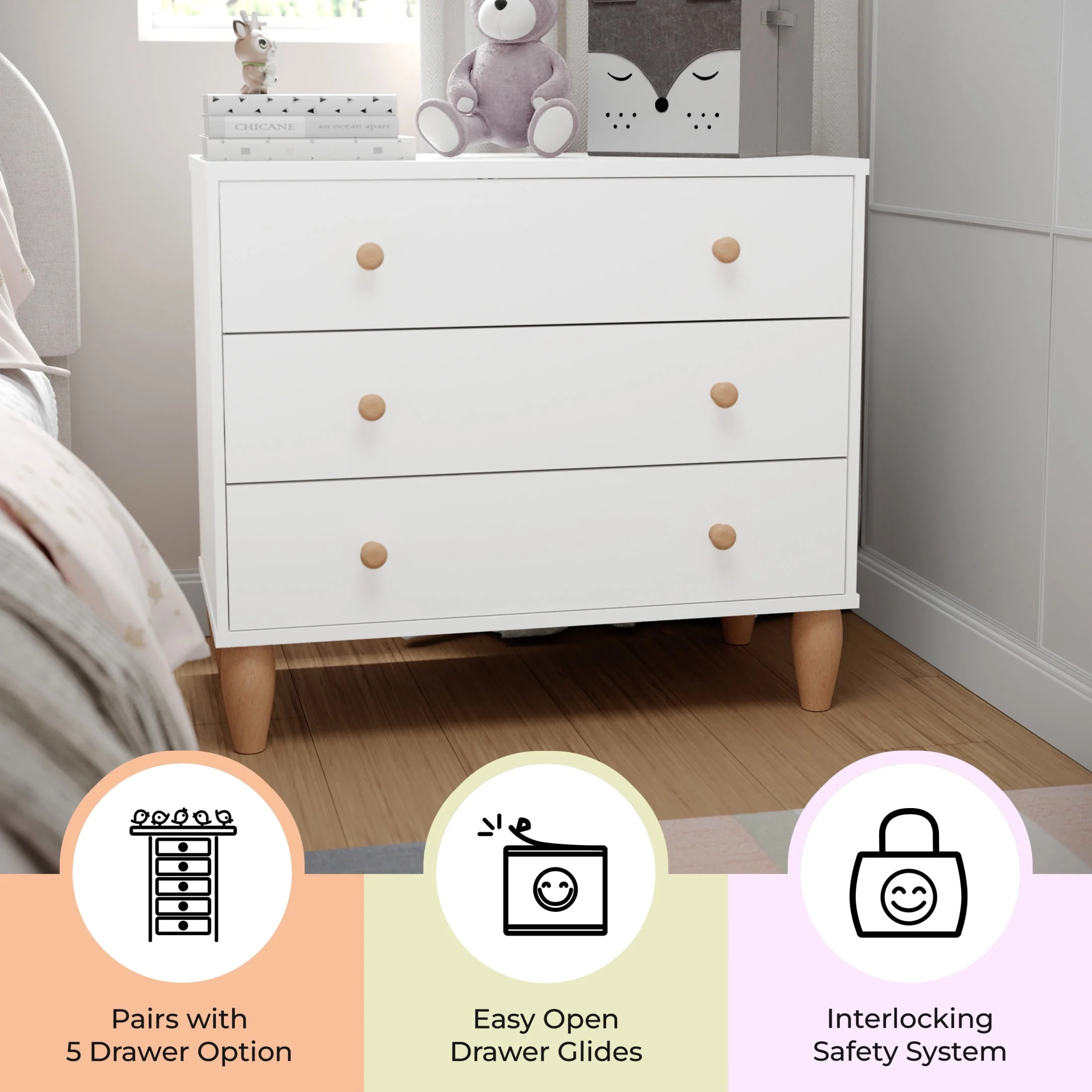 Buzz & Bloom Small Kids 3-Drawer Wood Dresser Chest, White and Natural, Child-Safe Interlocking Drawers, Solid Rubberwood Legs - Image 3