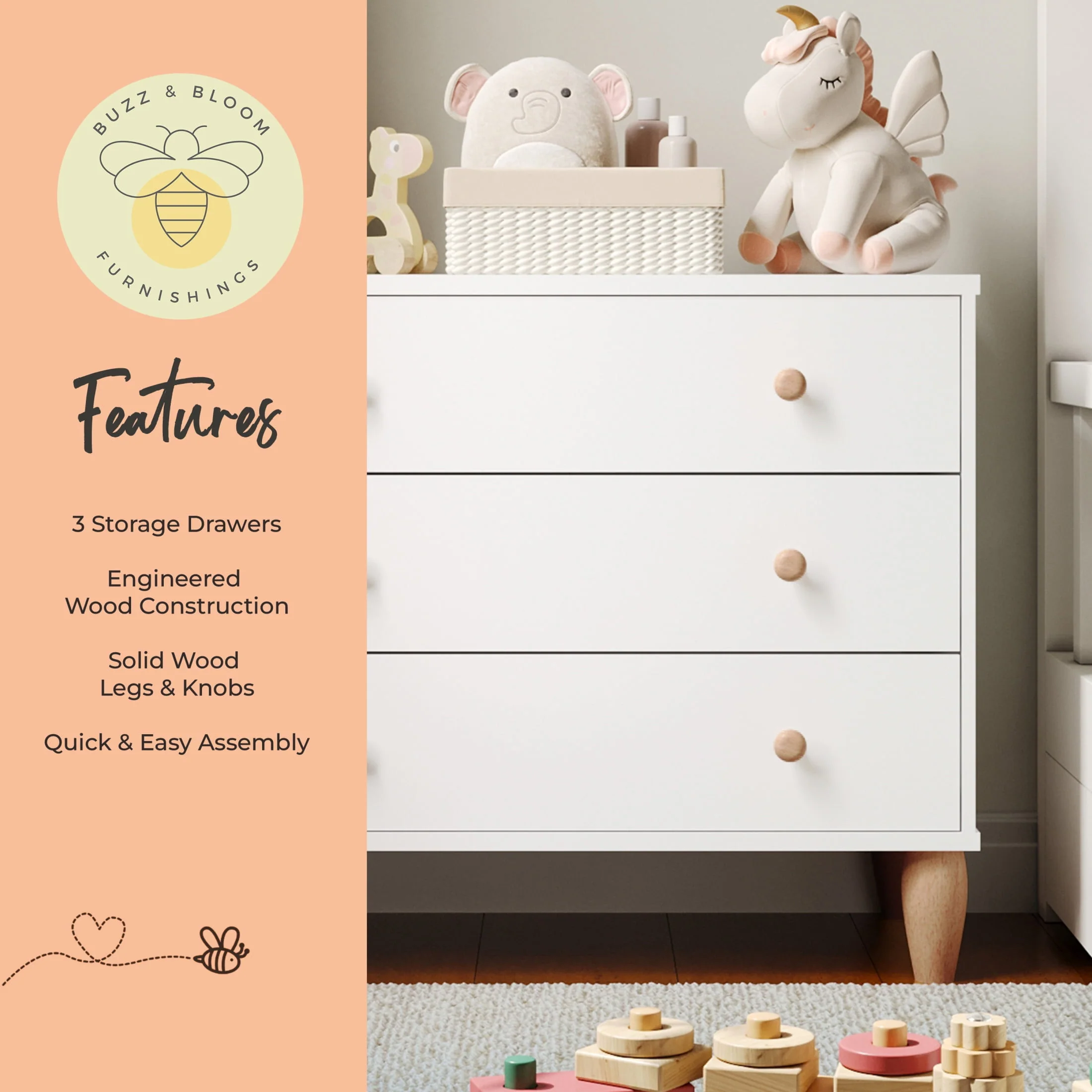 Buzz & Bloom Small Kids 3-Drawer Wood Dresser Chest, White and Natural, Child-Safe Interlocking Drawers, Solid Rubberwood Legs - Image 4