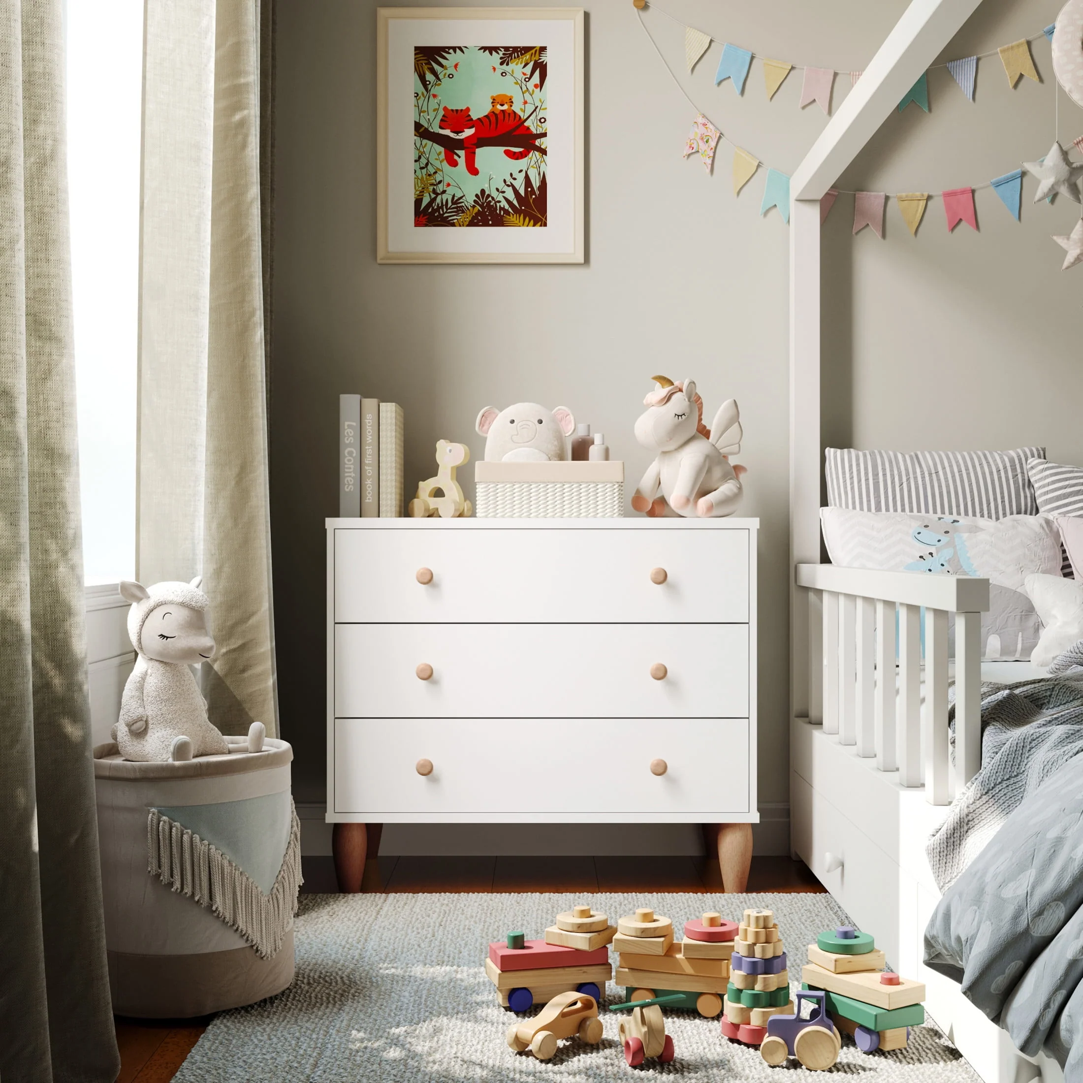 Buzz & Bloom Small Kids 3-Drawer Wood Dresser Chest, White and Natural, Child-Safe Interlocking Drawers, Solid Rubberwood Legs - Image 5