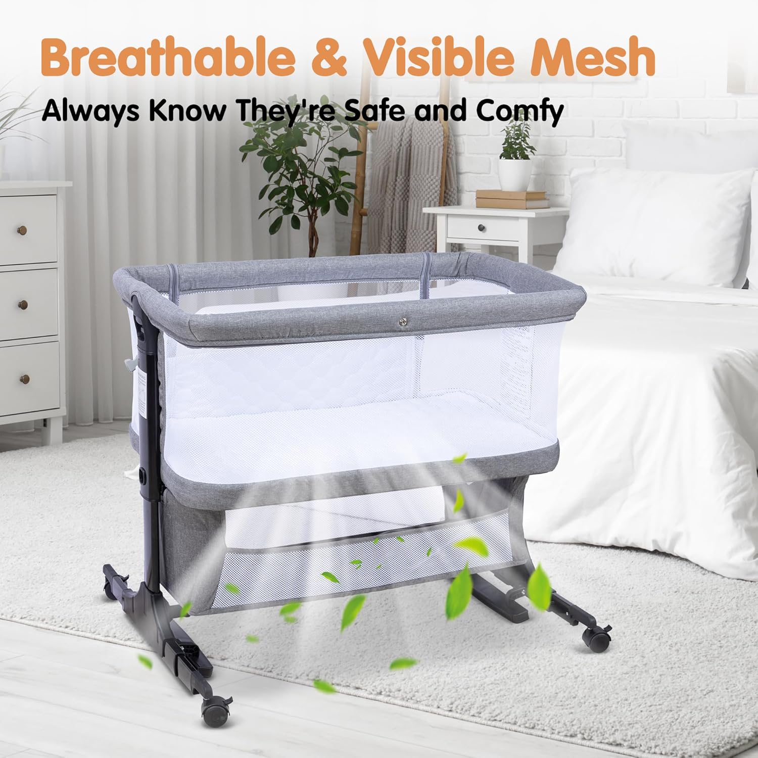 CAPAKIDDO AZ2056-3 4 in 1 Bassinet Bedside Sleeper with Rocking Mode, Grey - Image 2