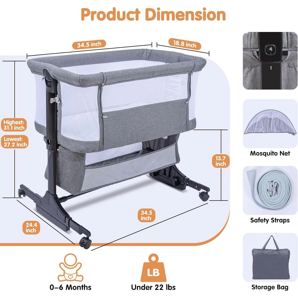 CAPAKIDDO AZ2056-3 4 in 1 Bassinet Bedside Sleeper with Rocking Mode, Grey - Image 5