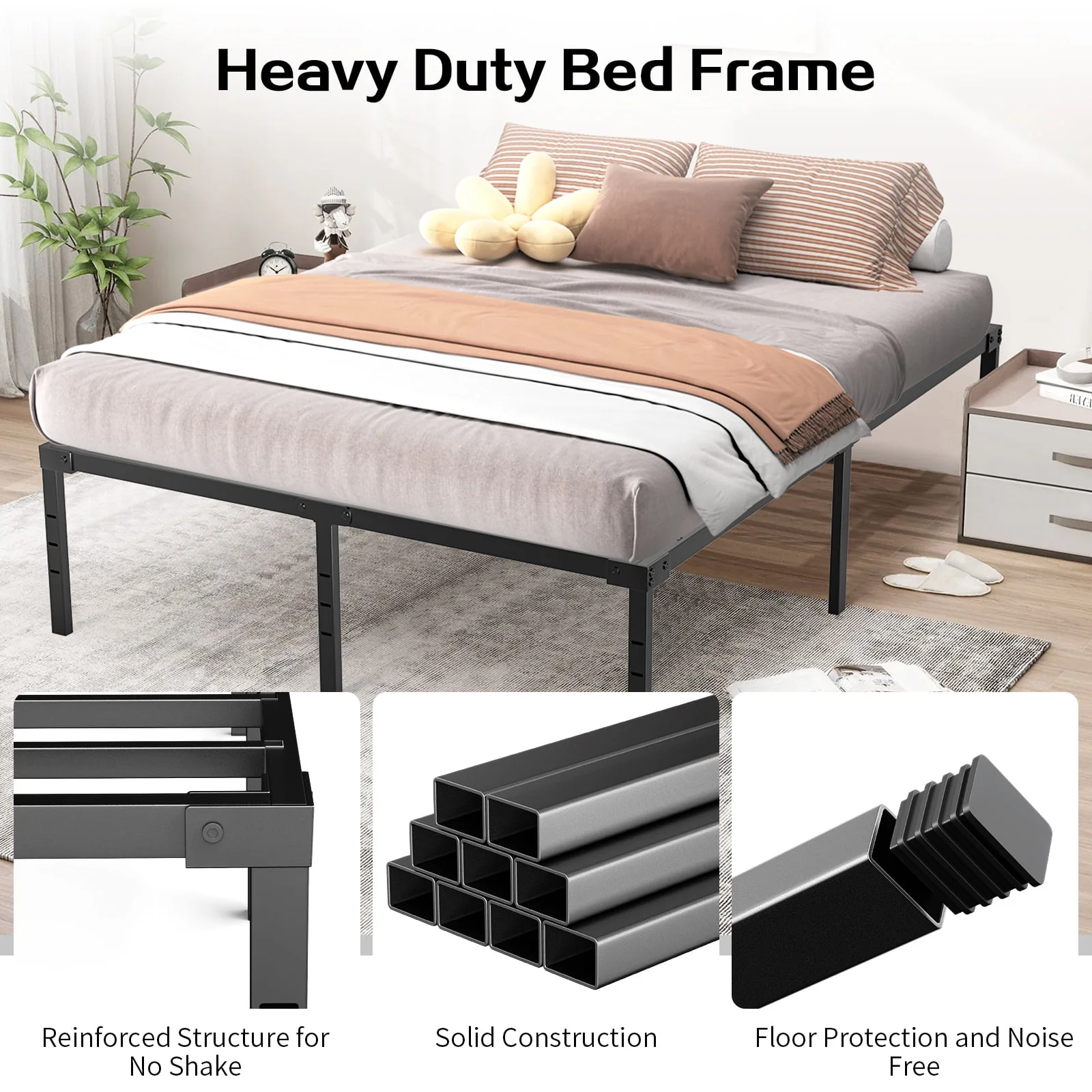 Capri Queen Bed Frame, Heavy-Duty Metal Platform, 18 Inch High, 2200 lb Capacity, Noise-Free, Black - Image 6