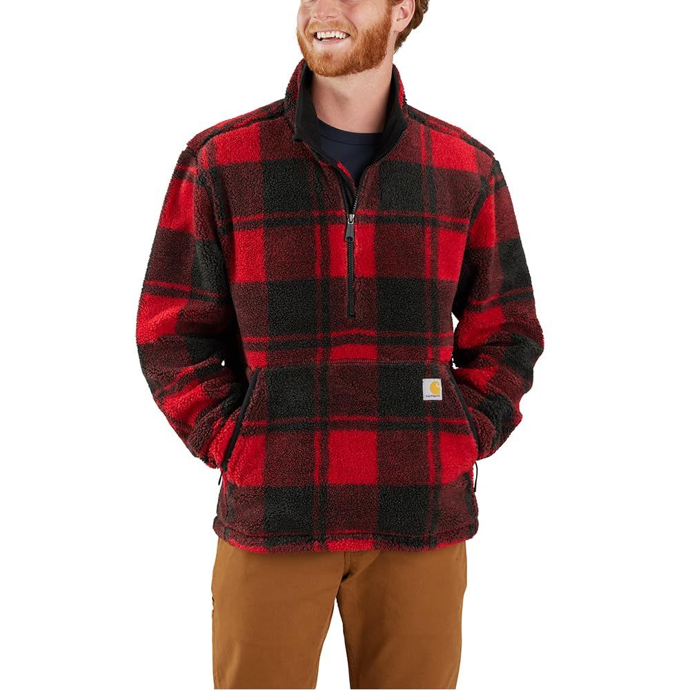 Carhartt Loose-Fit Quarter-Zip Fleece Pullover for Men - Crabapple/Black Plaid - M - Image 3