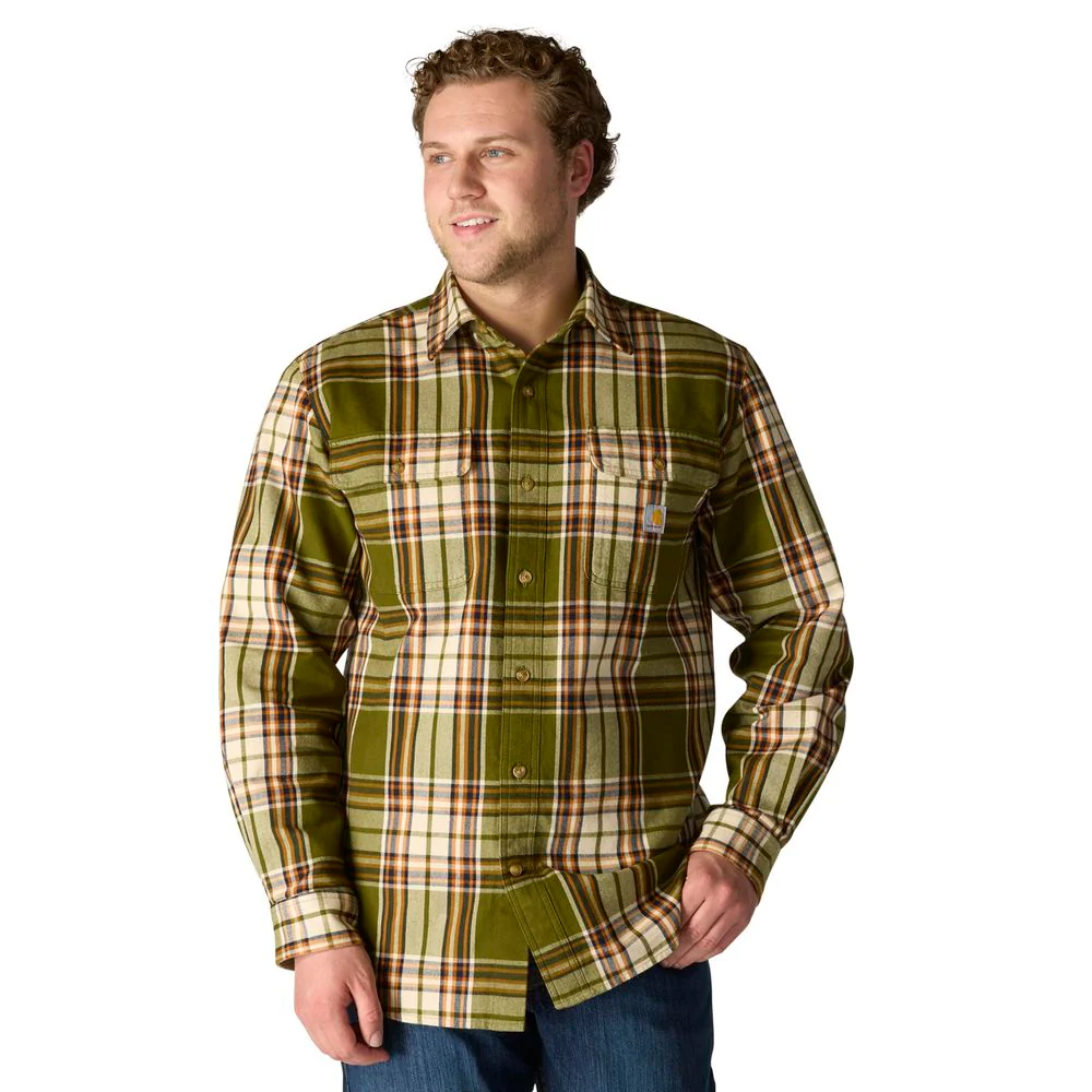 Carhartt Men's Loose Fit Heavyweight Flannel Long-Sleeve Plaid Shirt, Dark Bronzed Green, X-Large, 107013GL7