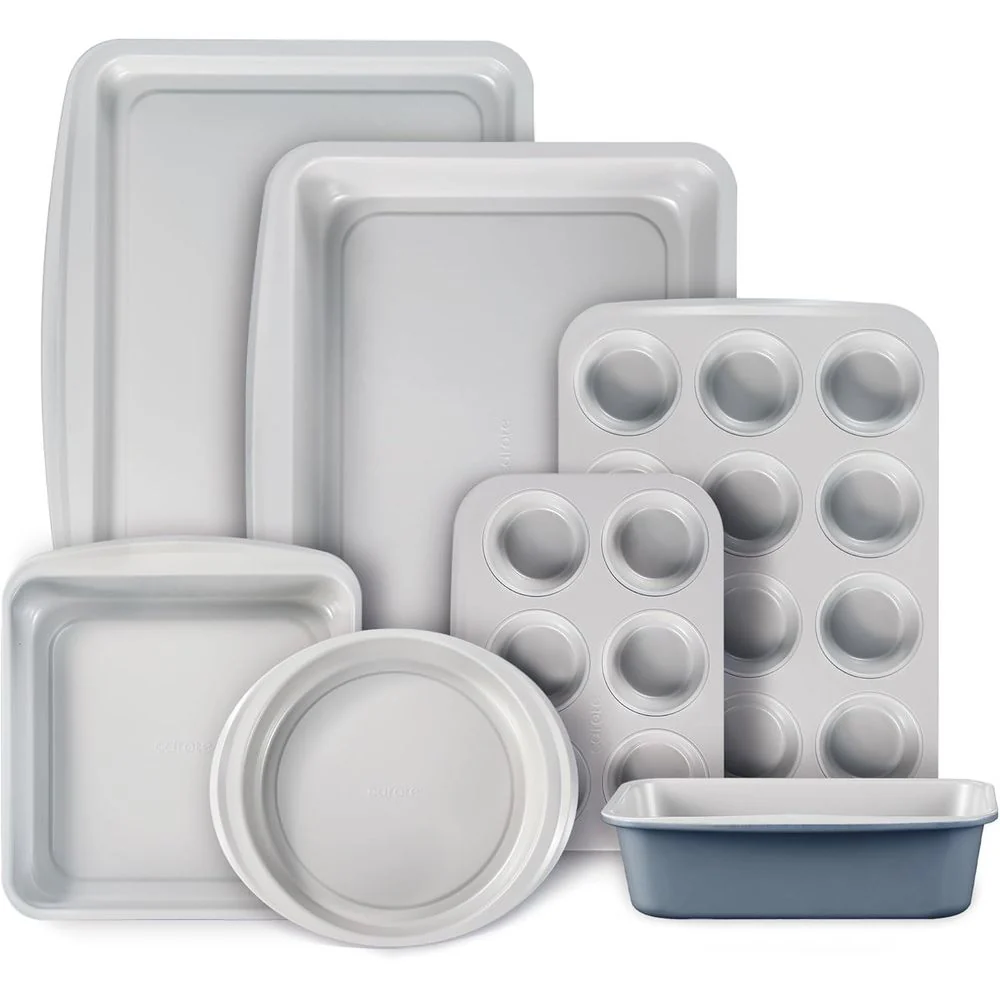 Carote 7 Pc Stackable Nonstick Bakeware Set with Cookie Sheet, Muffin, Bread, Cake Loaf, Roasting Pans, Gray and Blue, 17019802156