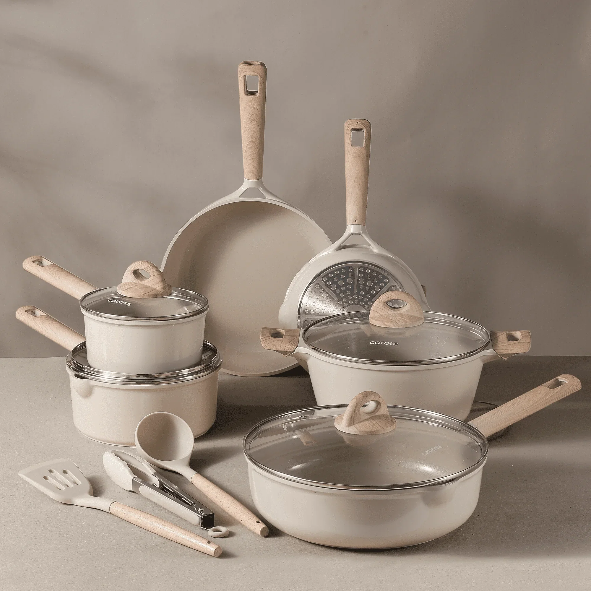 Carote A08285 Eco Modern Collection 13-Piece Nonstick Die Cast Aluminum Cookware Set, Taupe-Tan - Image 2