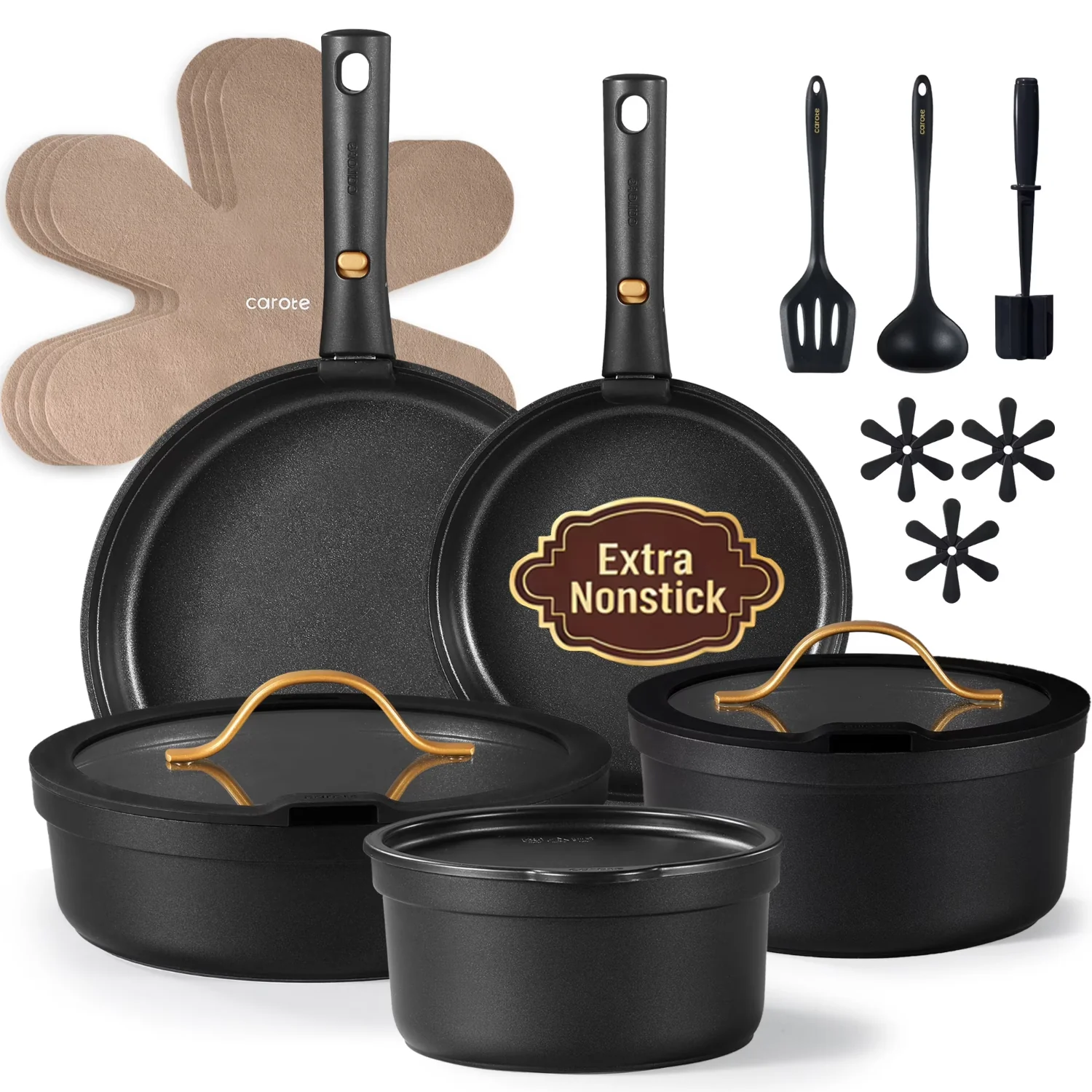 Carote A10492 Nonstick Cookware Sets, 19 Pcs Non Stick Pots and Pans Set with Removable Handle, Black