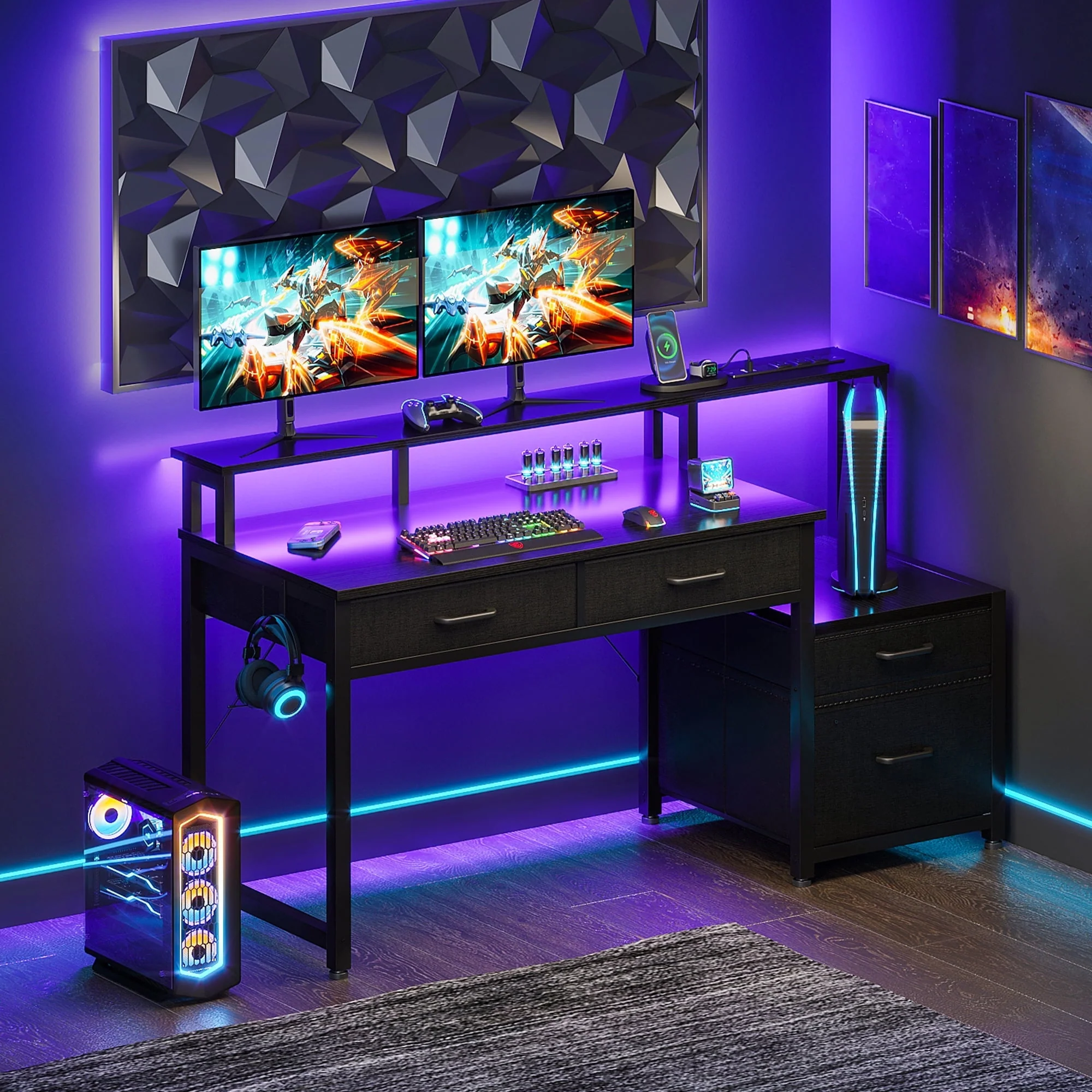 Casacomoda 48 inch Gaming Desk with LED Lights & Power Outlets