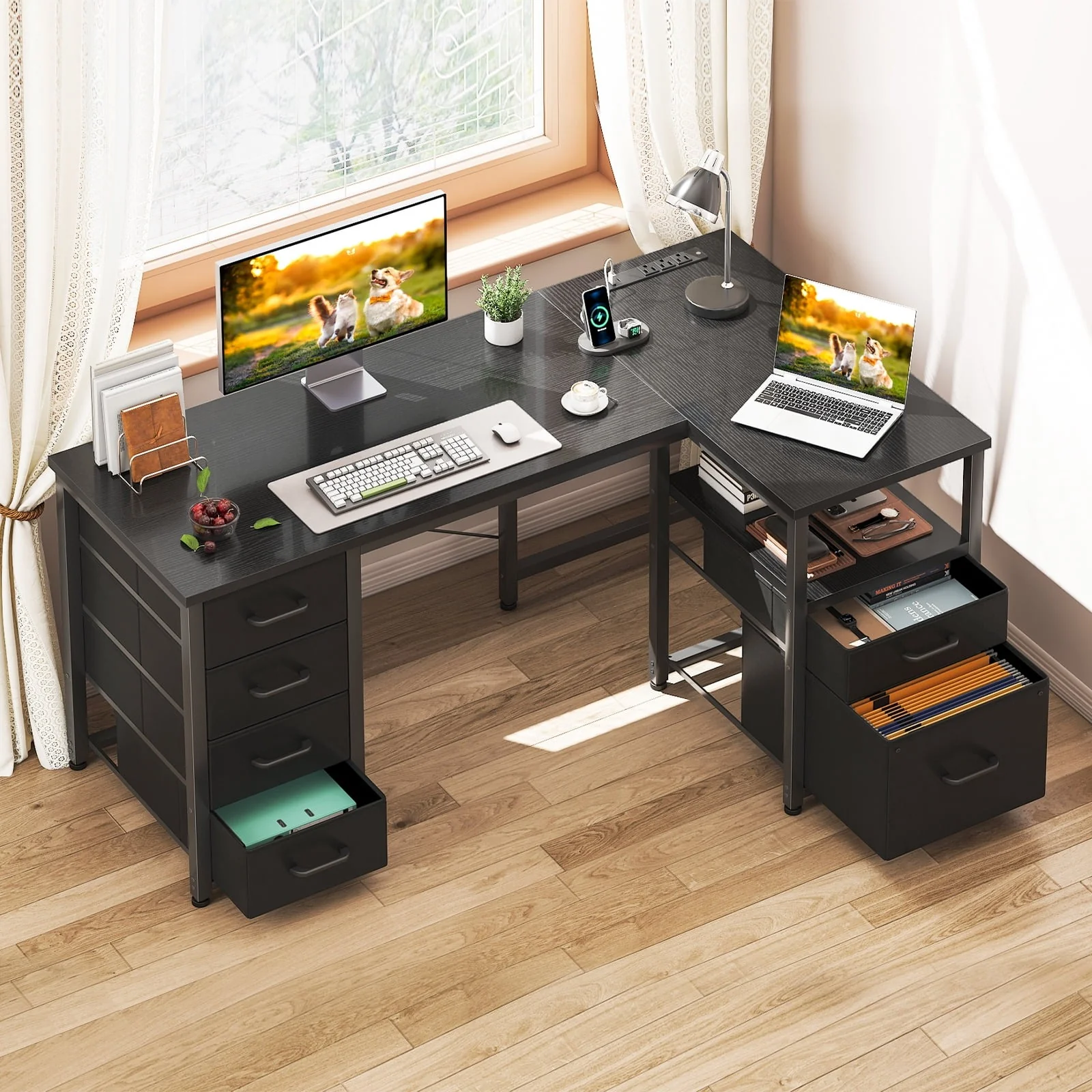 Casacomoda 55" Computer Desk with 5 Drawers & File Cabinet for Storage, Black - Image 2